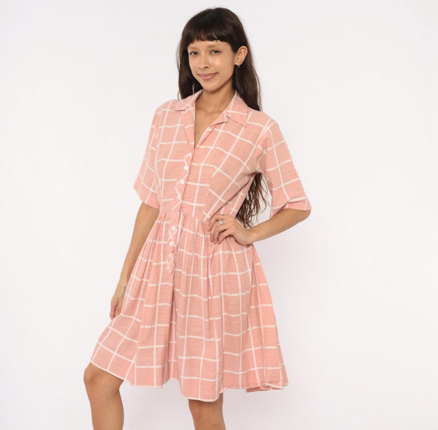 1960s Pink Cream Windowpane Shirtdress Cotton Button Front Pleated Large L