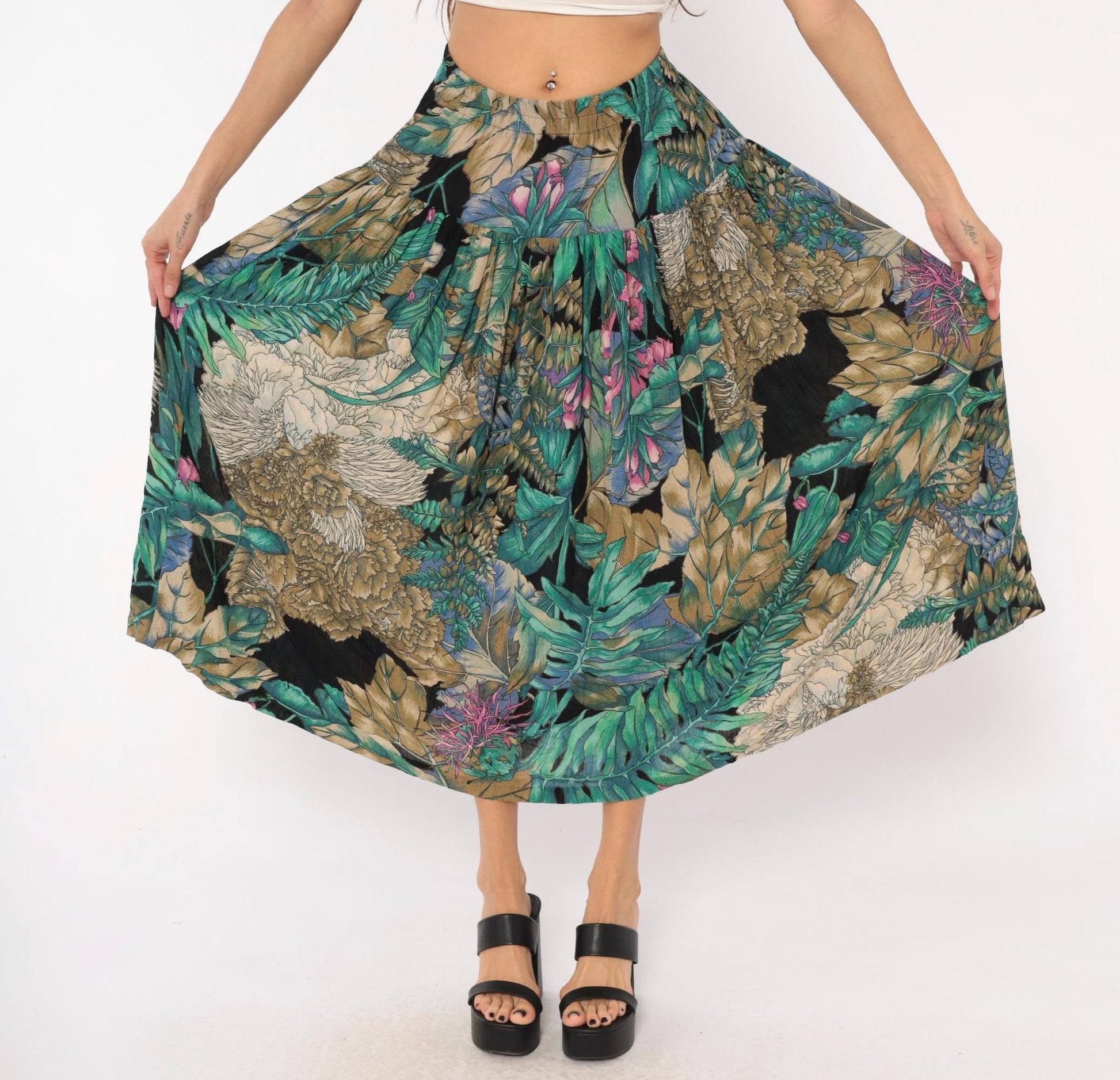 90s Karen Kane Tropical Botanical Midi Skirt Teal Olive Black Medium M