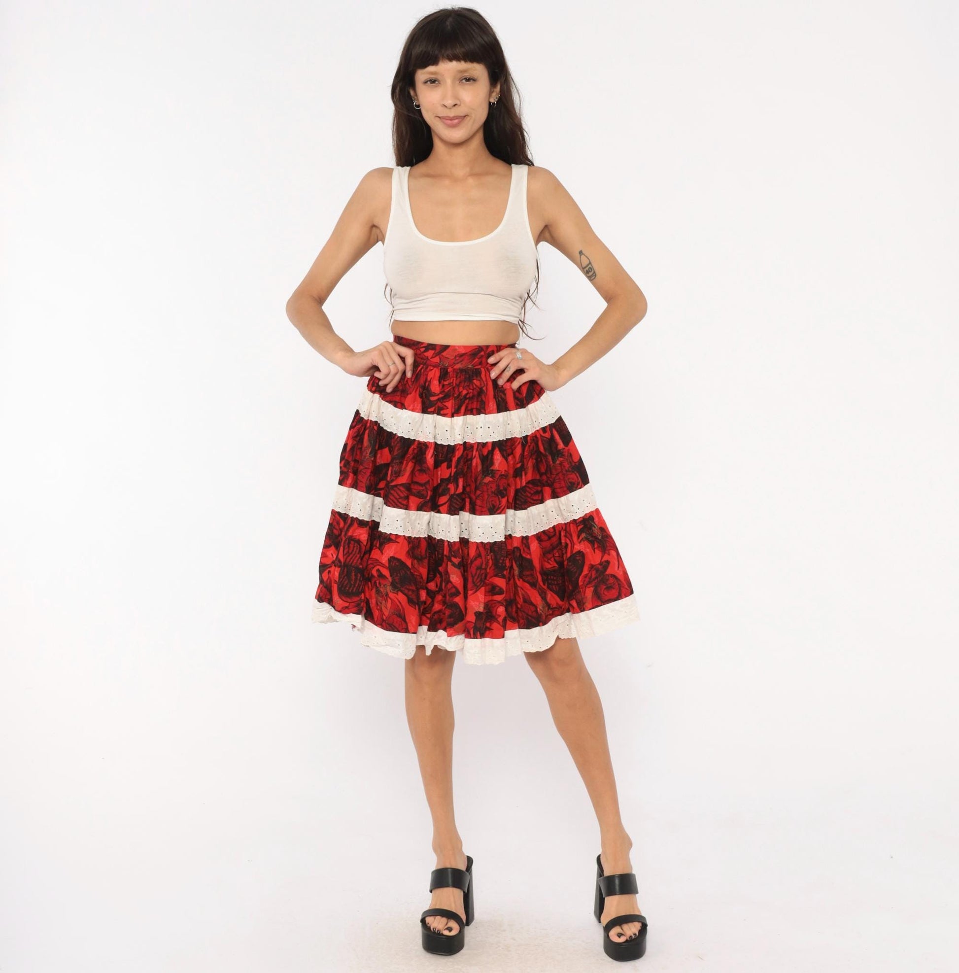 60s Fish Print Circle Skirt Red Black Eyelet Lace Cotton Extra Small