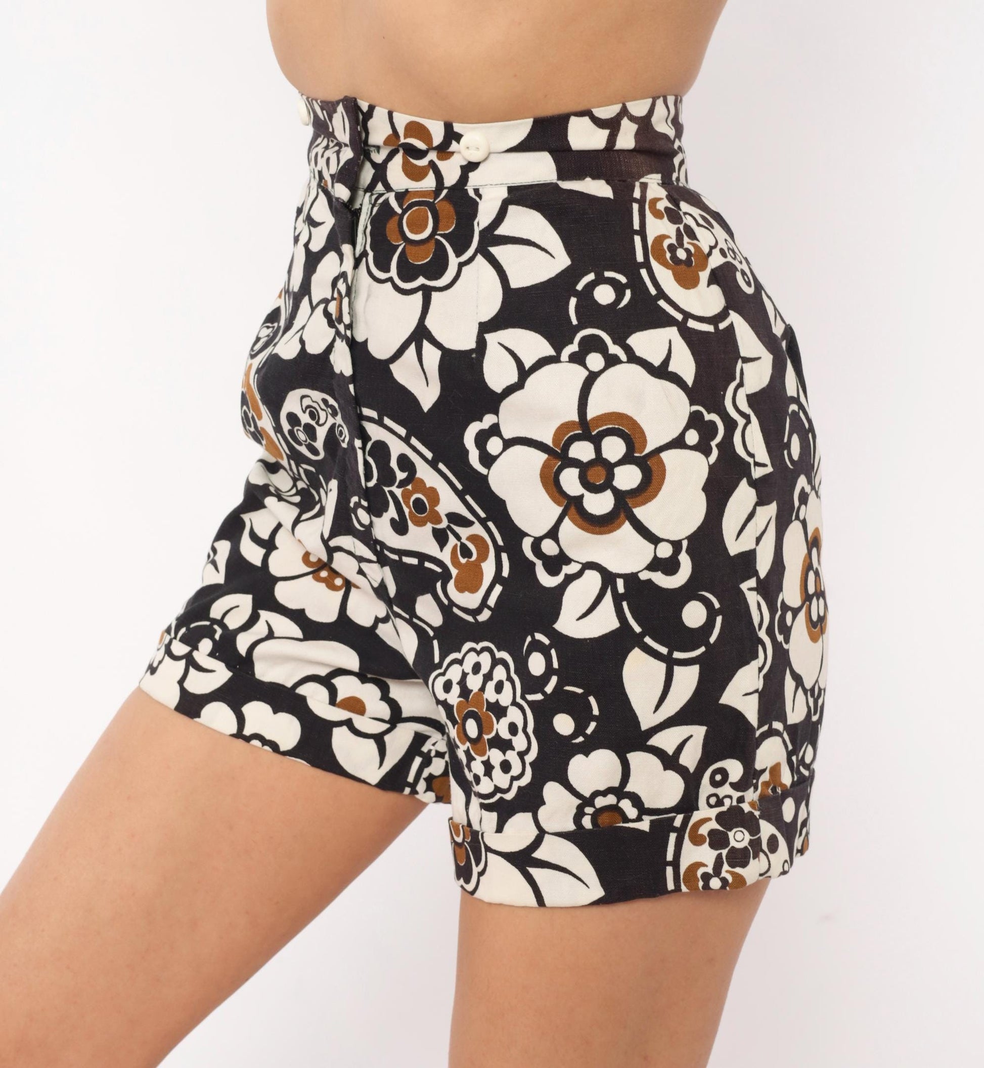 60s Floral Paisley High-Waisted Shorts Cotton Black Cream Brown Mod Extra Small XS