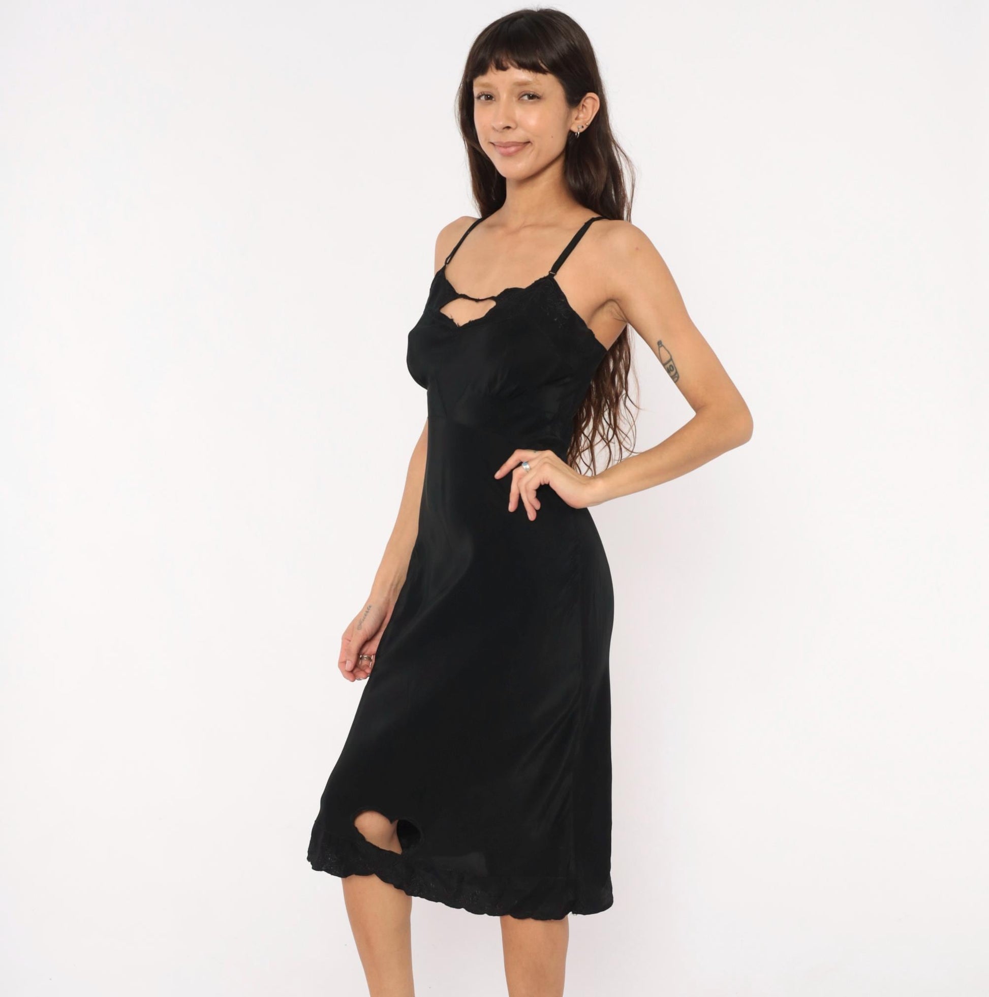 70s Black Silk Slip Dress Heart Cutout Lace Trim Spaghetti Strap Extra Small