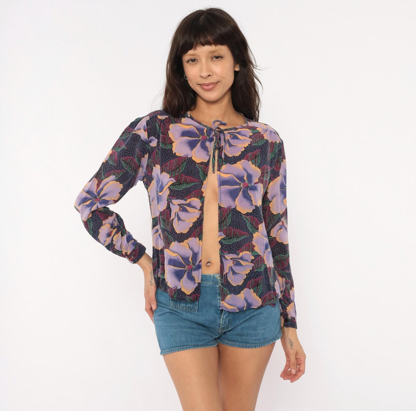 80s In Gear Ltd Tropical Hibiscus Tie-Neck Blouse Purple Lavender Teal Medium