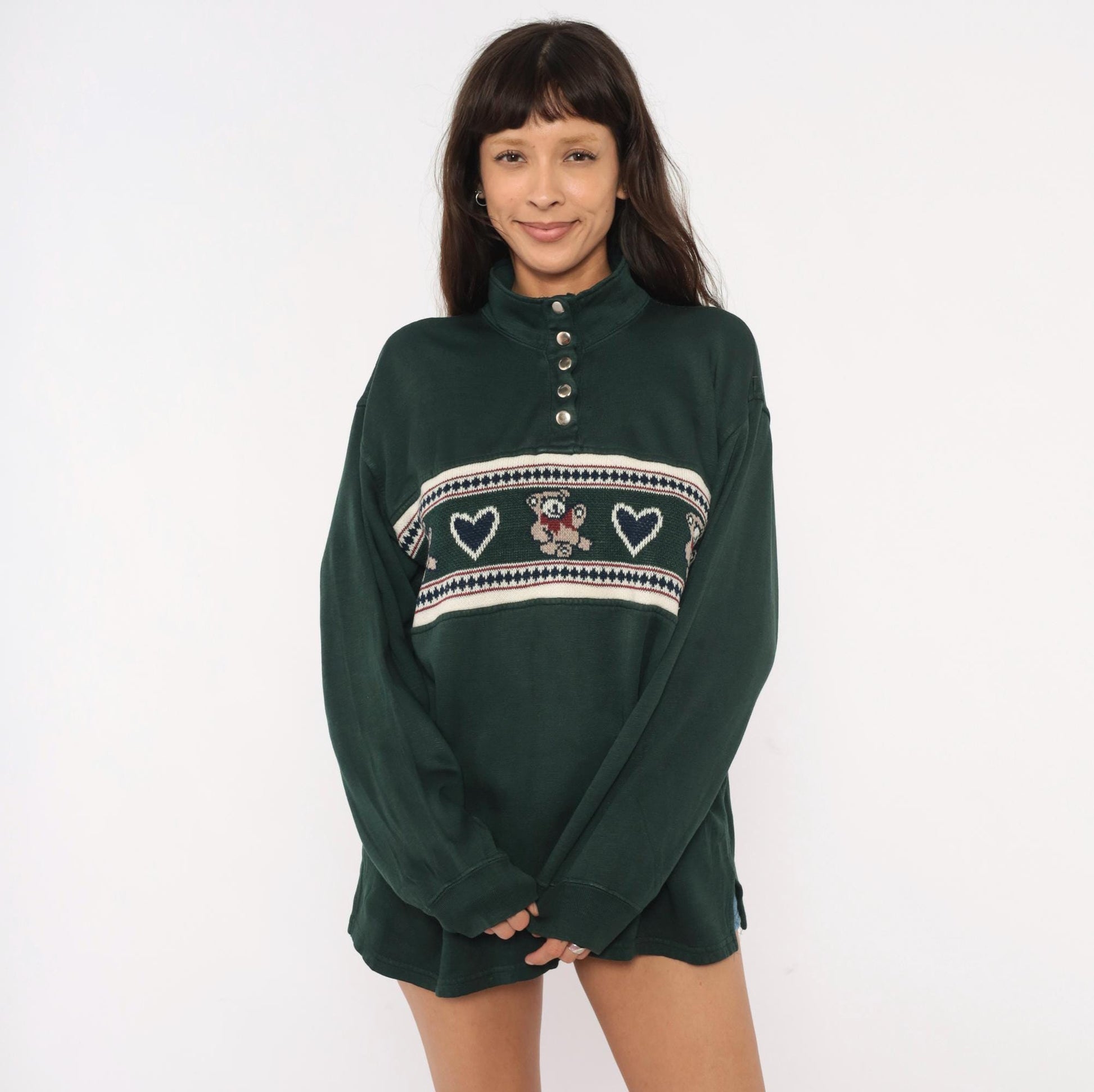 90s Carolina Teddy Bear Fair Isle Pullover Forest Green Knit Large L