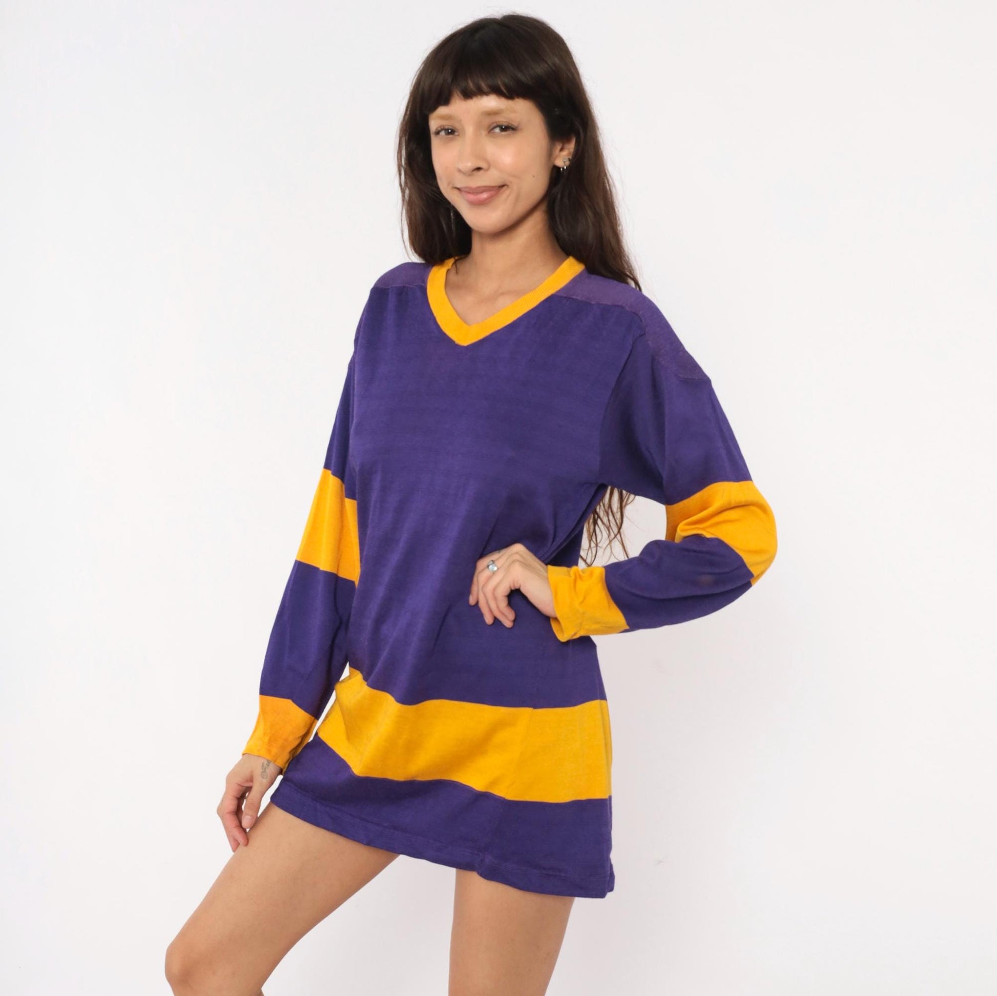 70s Purple Gold Striped V-Neck Pullover Jersey Long Sleeve Small