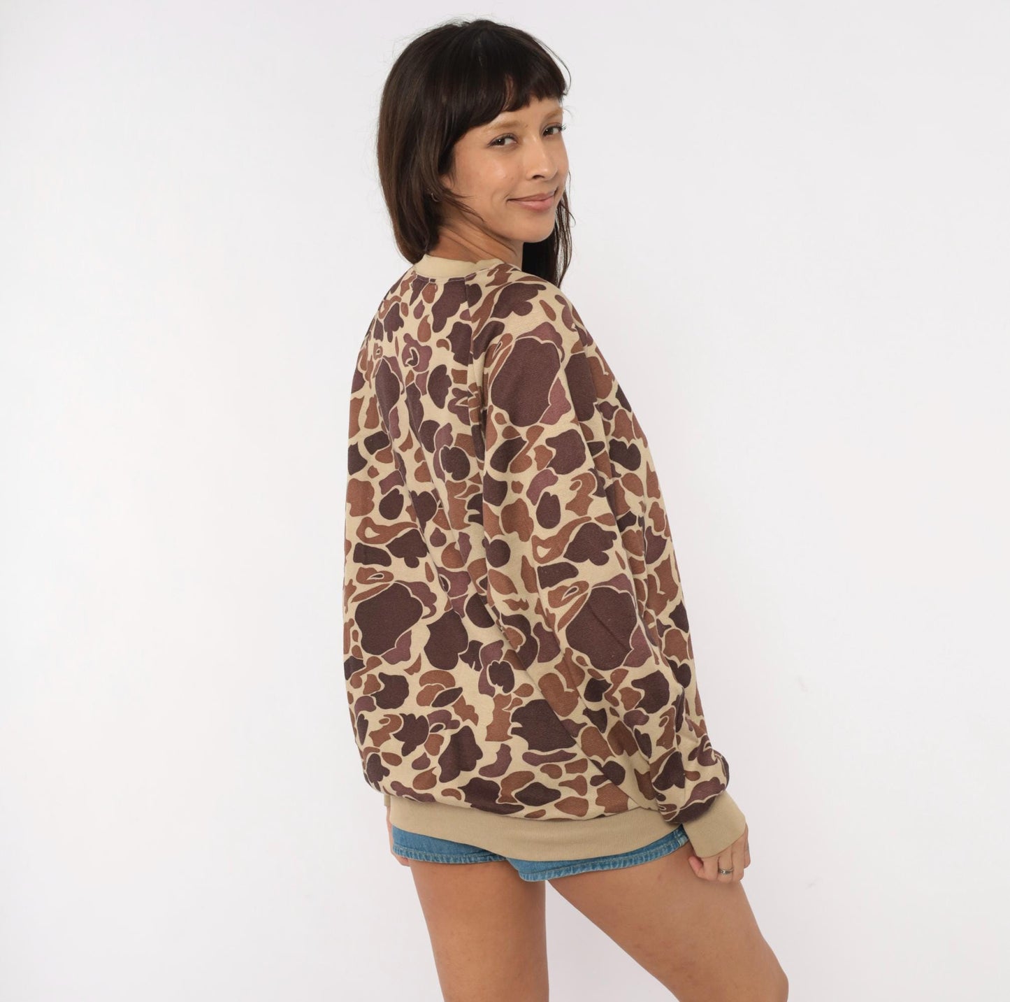 80s Duck Bay Camo Crewneck Sweatshirt Tan Brown Raglan Extra Large XL