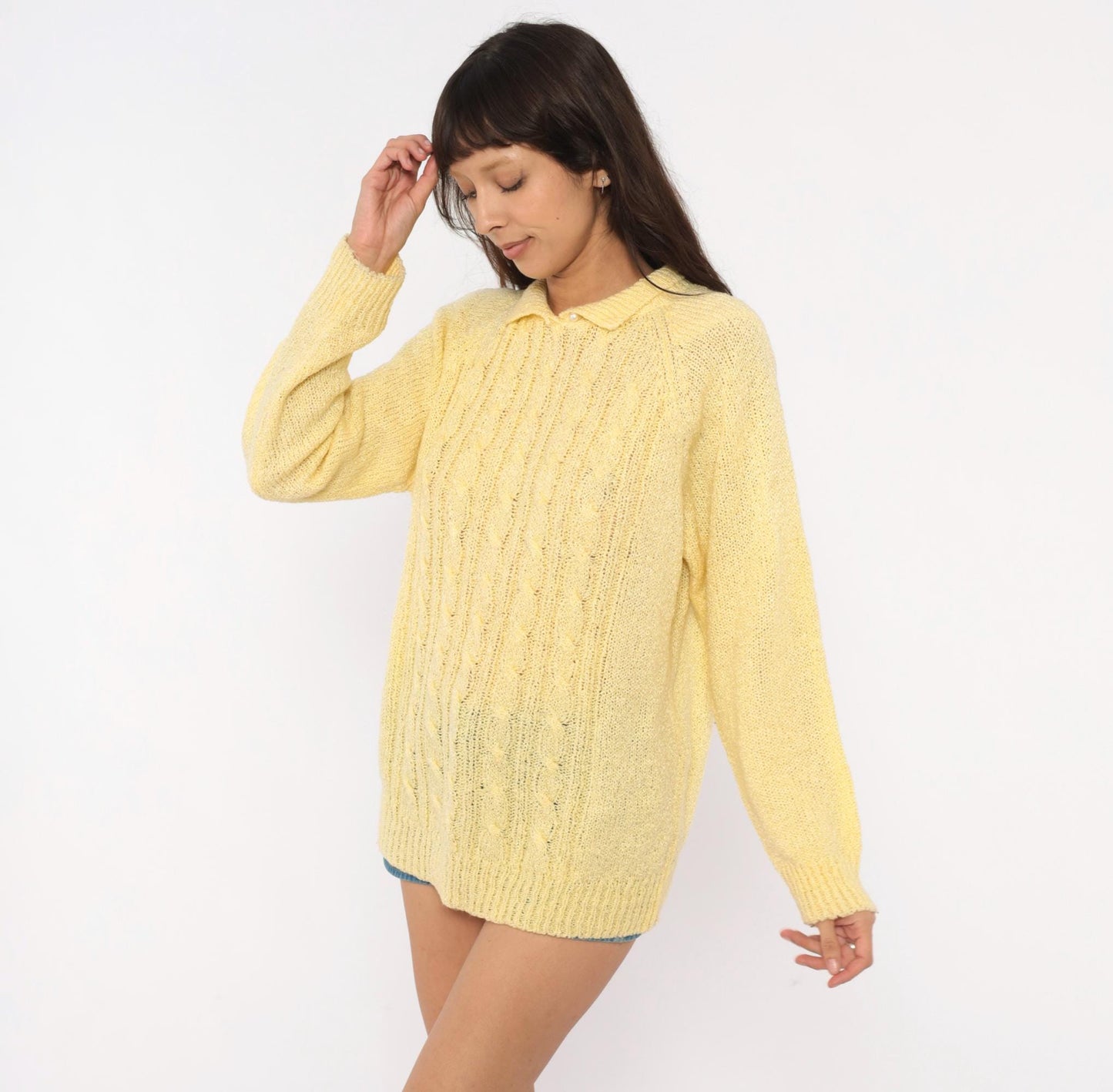 80s Miranda Cable Knit Polo Sweater Yellow Collared Pearl Button Large L