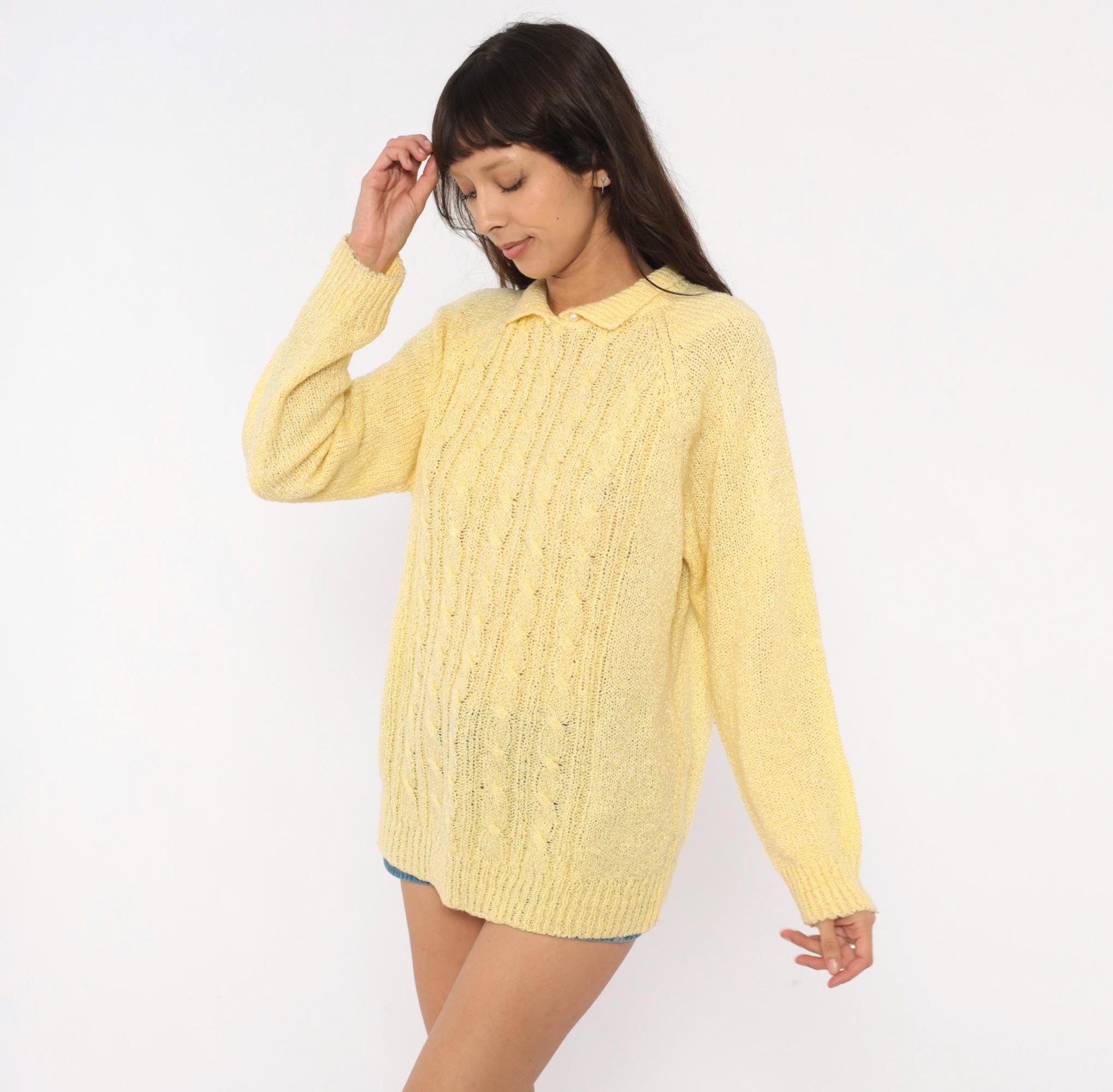 80s Miranda Cable Knit Polo Sweater Yellow Collared Pearl Button Large L