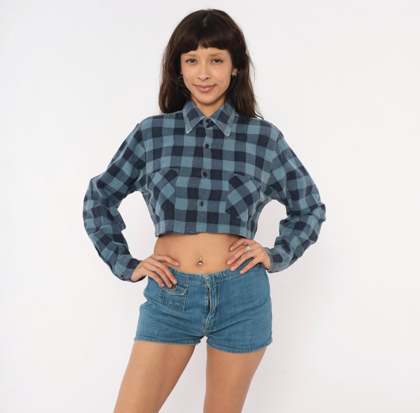 90s Dickies Buffalo Plaid Flannel Shirt Cropped Blue Navy Cotton Small