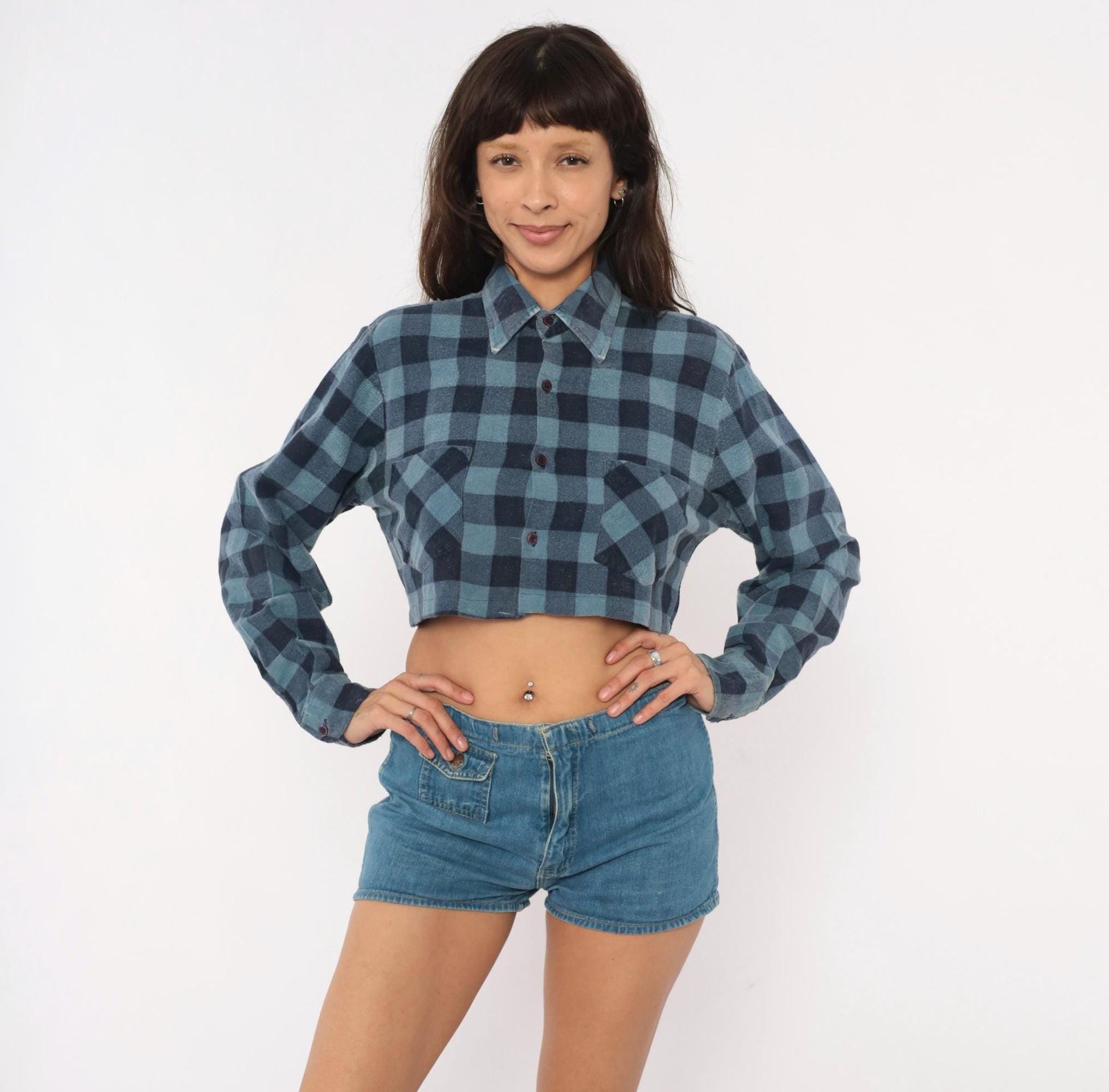 90s Dickies Buffalo Plaid Flannel Shirt Cropped Blue Navy Cotton Small