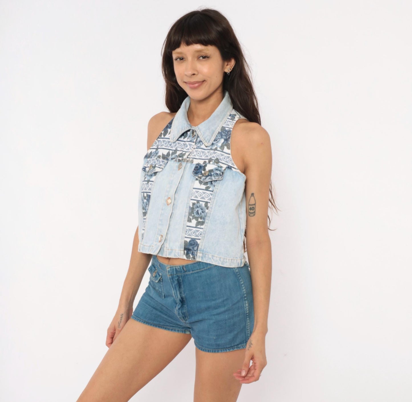 90s Sharnel Denim Vest Cropped Floral Lace-Up Back Light Wash Small