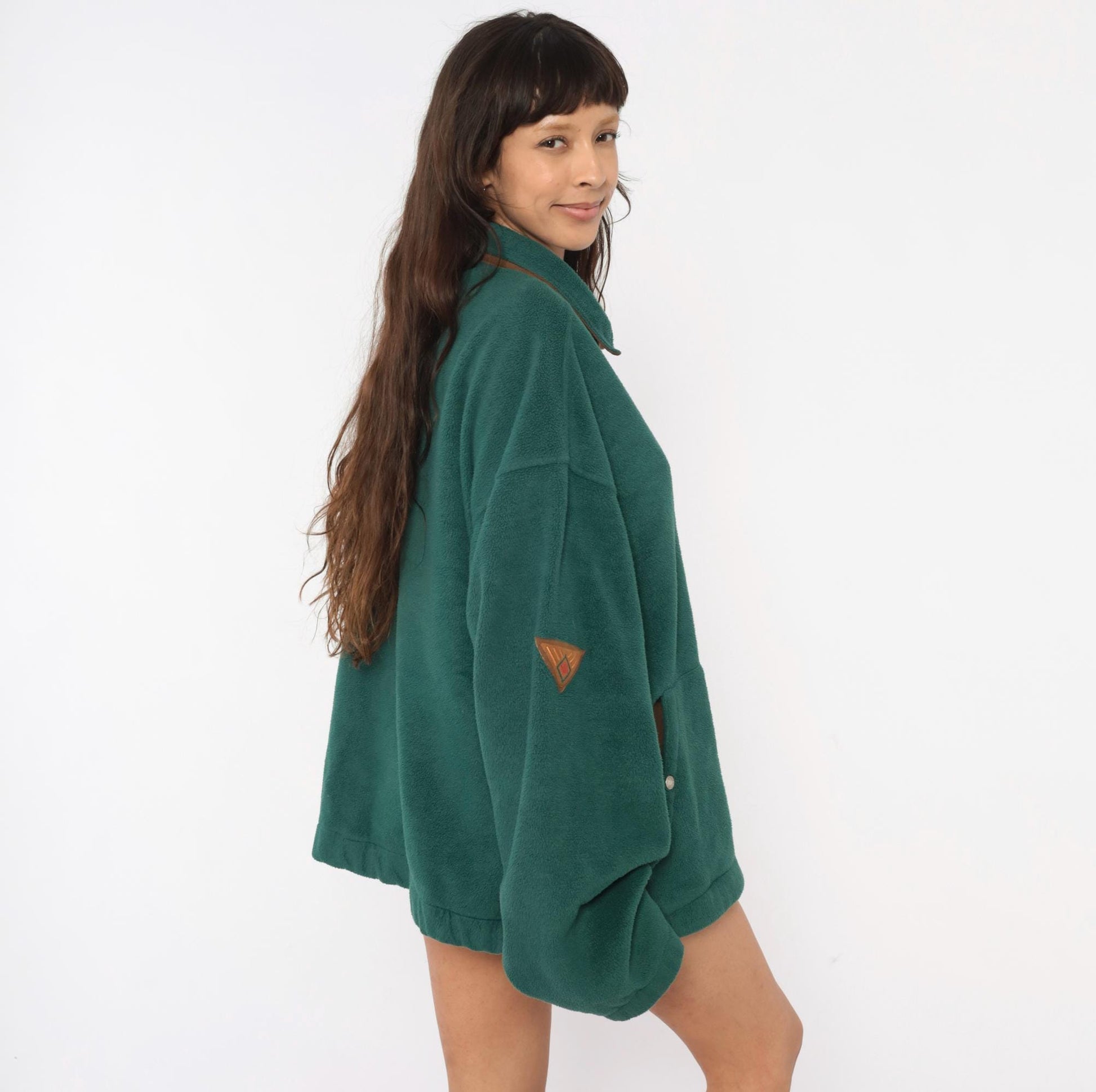 90s Keystone Forest Green Full Zip Fleece Jacket Brown Leather Trim Large L