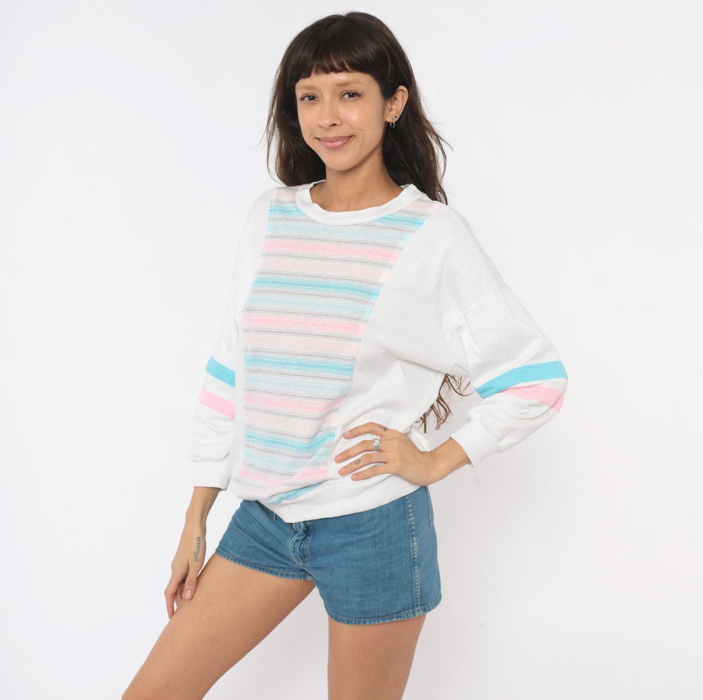 80s Marc Perry Pastel Striped Cotton Sweatshirt Crew Neck Medium