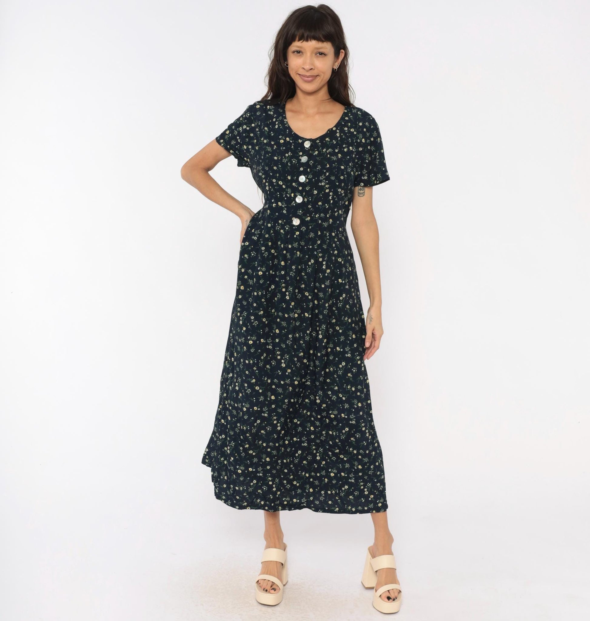 90s Liz Baker Essentials Navy Floral Maxi Dress Yellow Daisy Button Front Medium