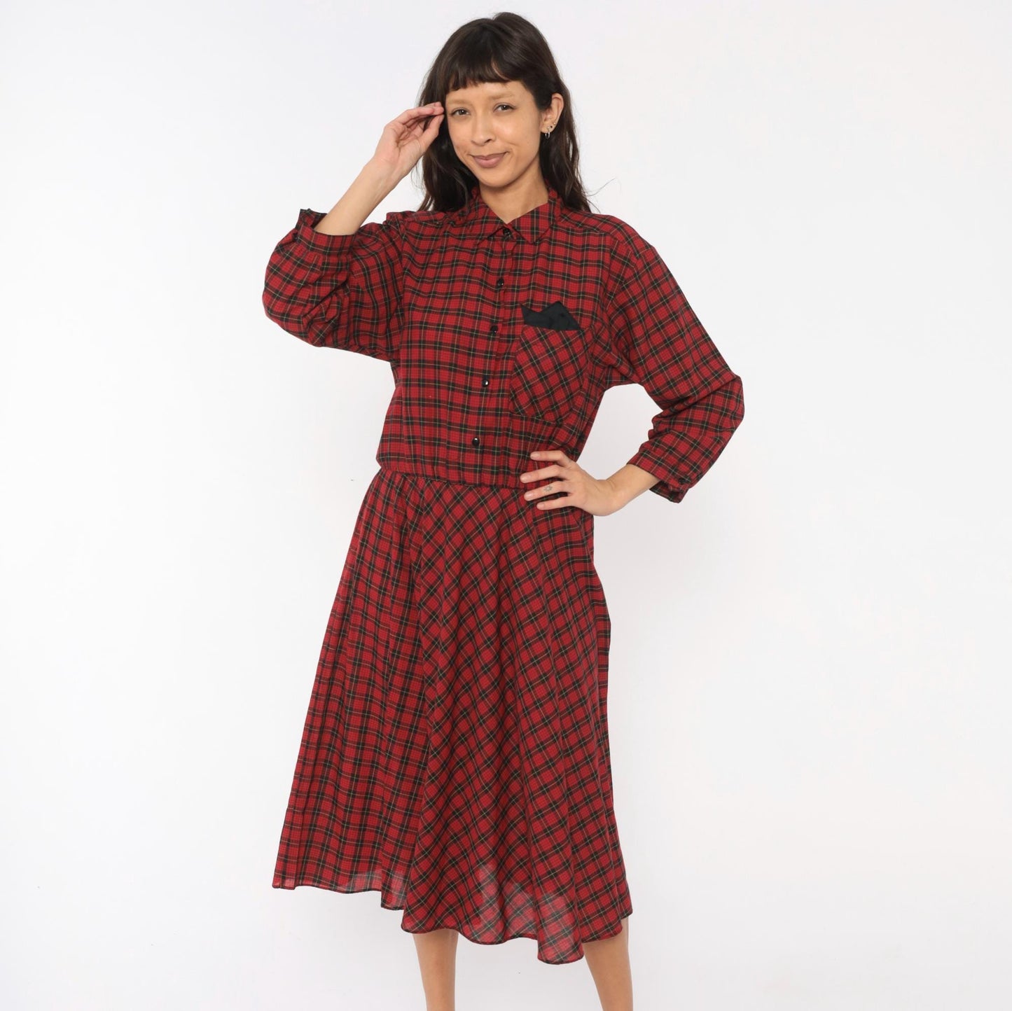 80s Alison Peters Plaid Shirtdress Red Black Tartan Midi Pleated Cotton Medium Large