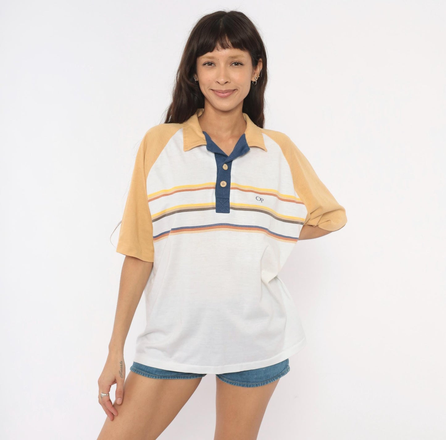 80s Ocean Pacific Polo Striped Raglan White Navy Cotton Shirt Extra Large XL