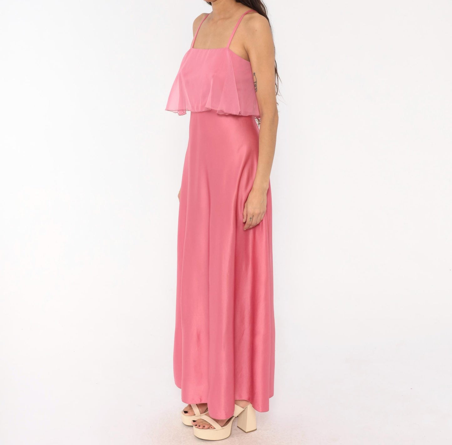 70s Pink Satin Maxi Dress Chiffon Overlay Spaghetti Strap Floor Length Small