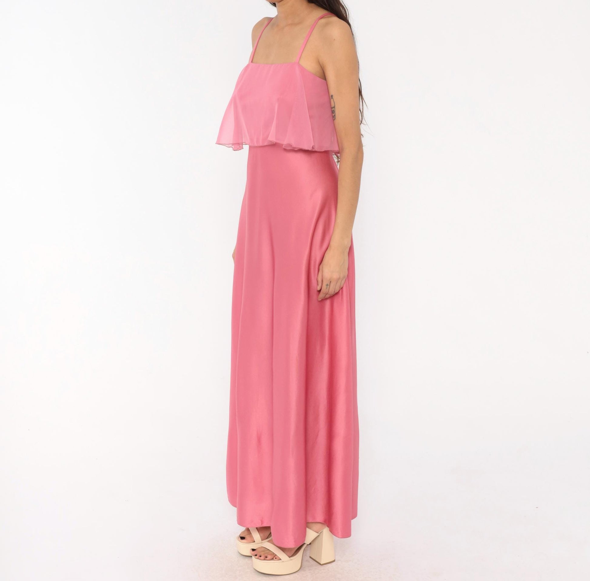 70s Pink Satin Maxi Dress Chiffon Overlay Spaghetti Strap Floor Length Small
