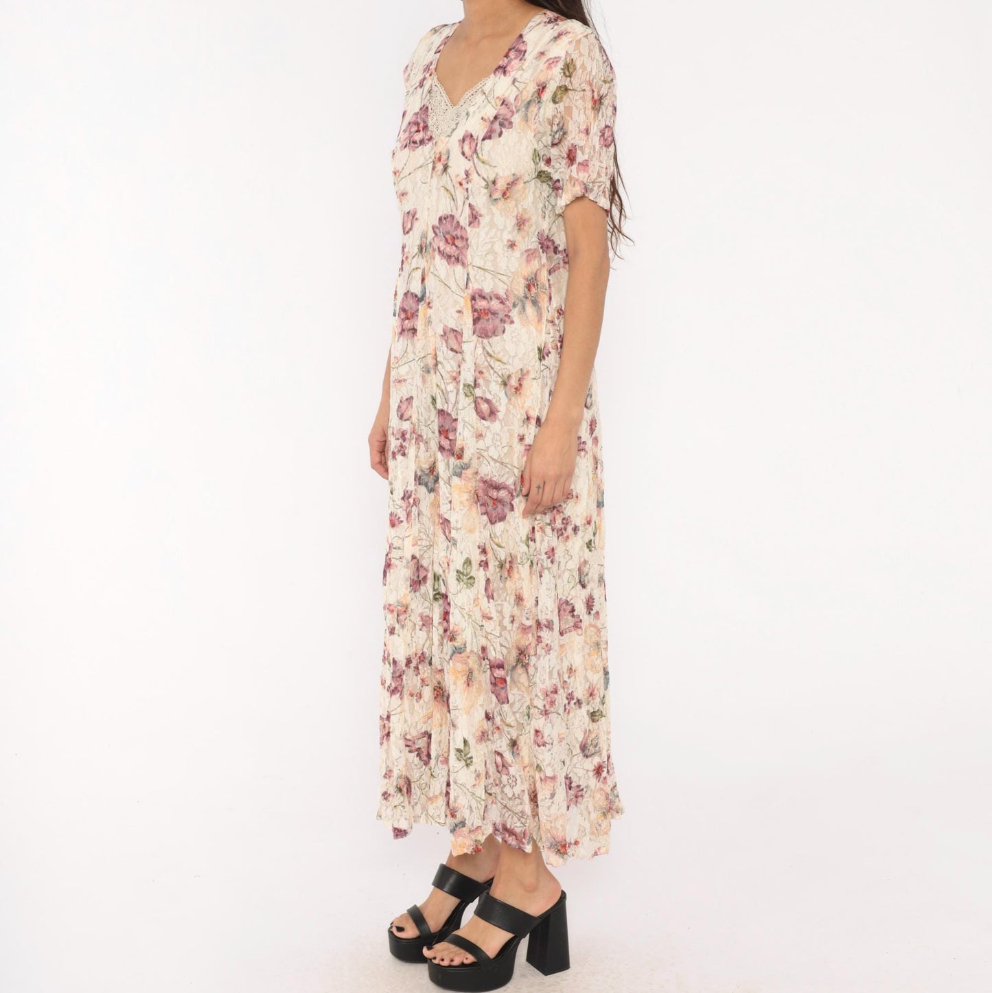 90s Floral Lace Maxi Dress Cream Purple Button Front V Neck Crochet Trim Small