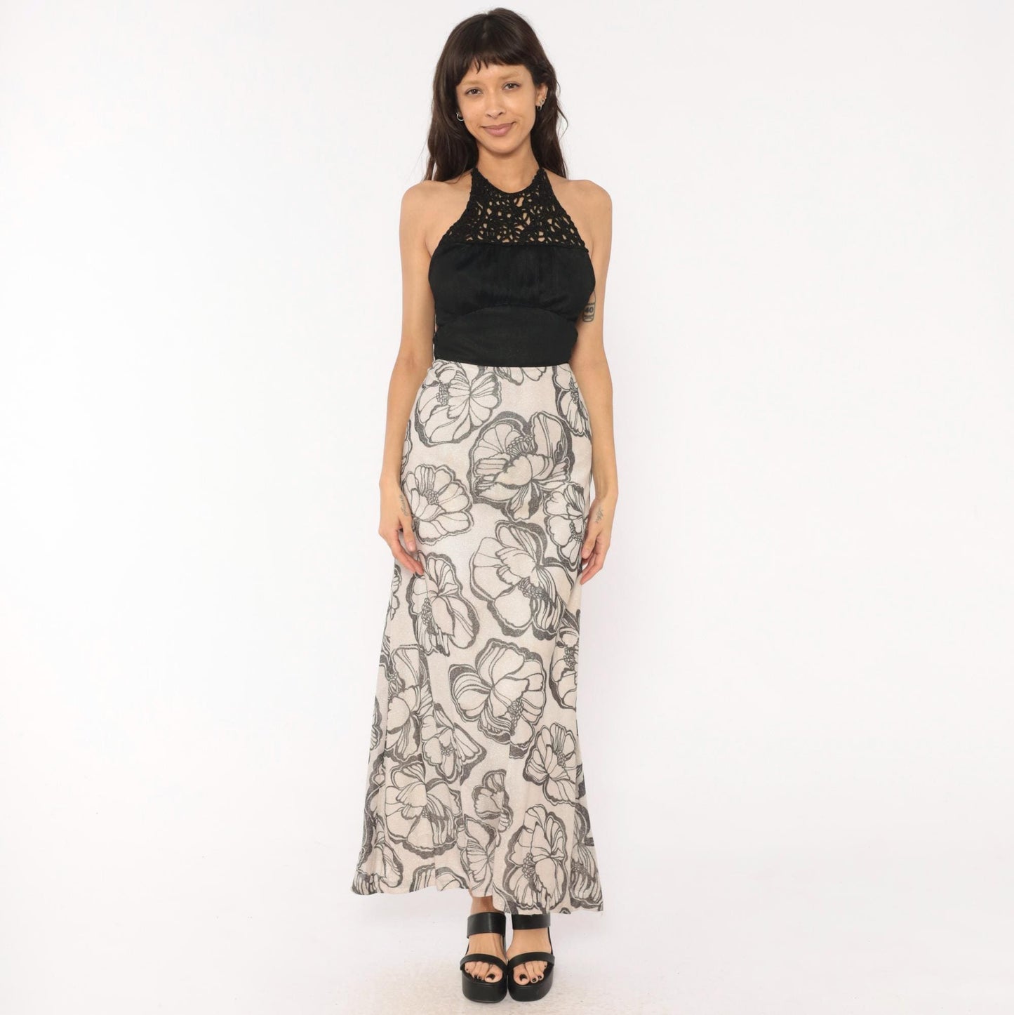 70s Mikey Jrs Crochet Halter Maxi Dress Black Grey Floral Metallic Open Back Extra Small XS