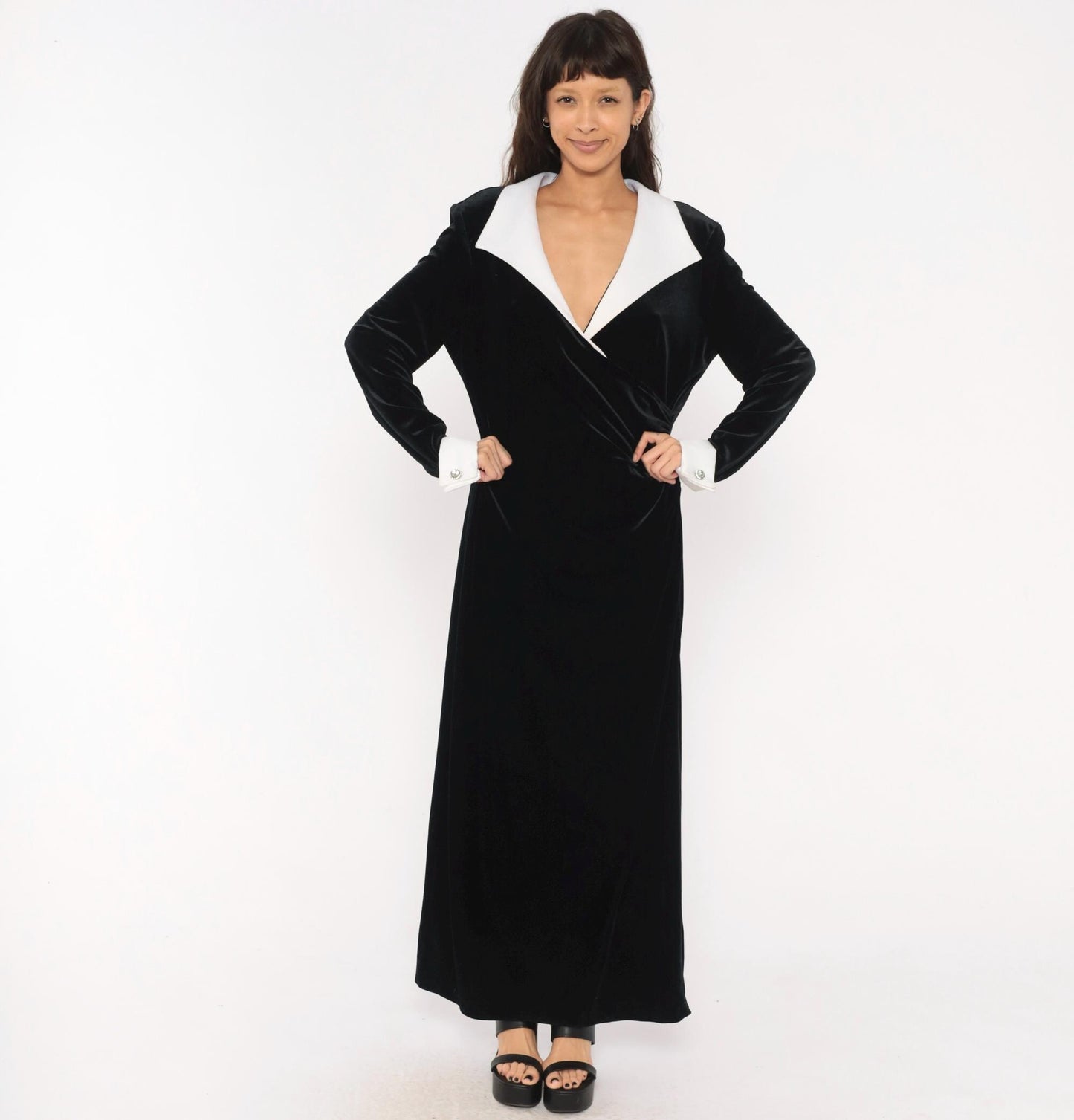 90s Cachet Black Velvet Maxi Gown White Collar Contrast Long Sleeve Extra Large XXL