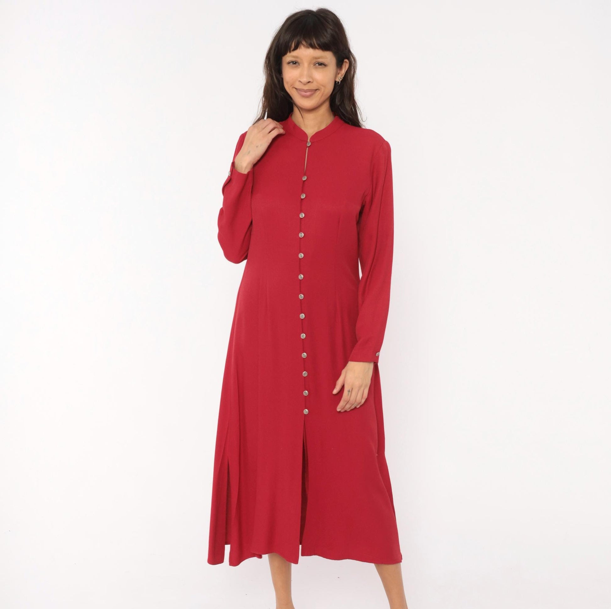 90s Coldwater Creek Cranberry Midi Dress Mandarin Collar Button Front Medium