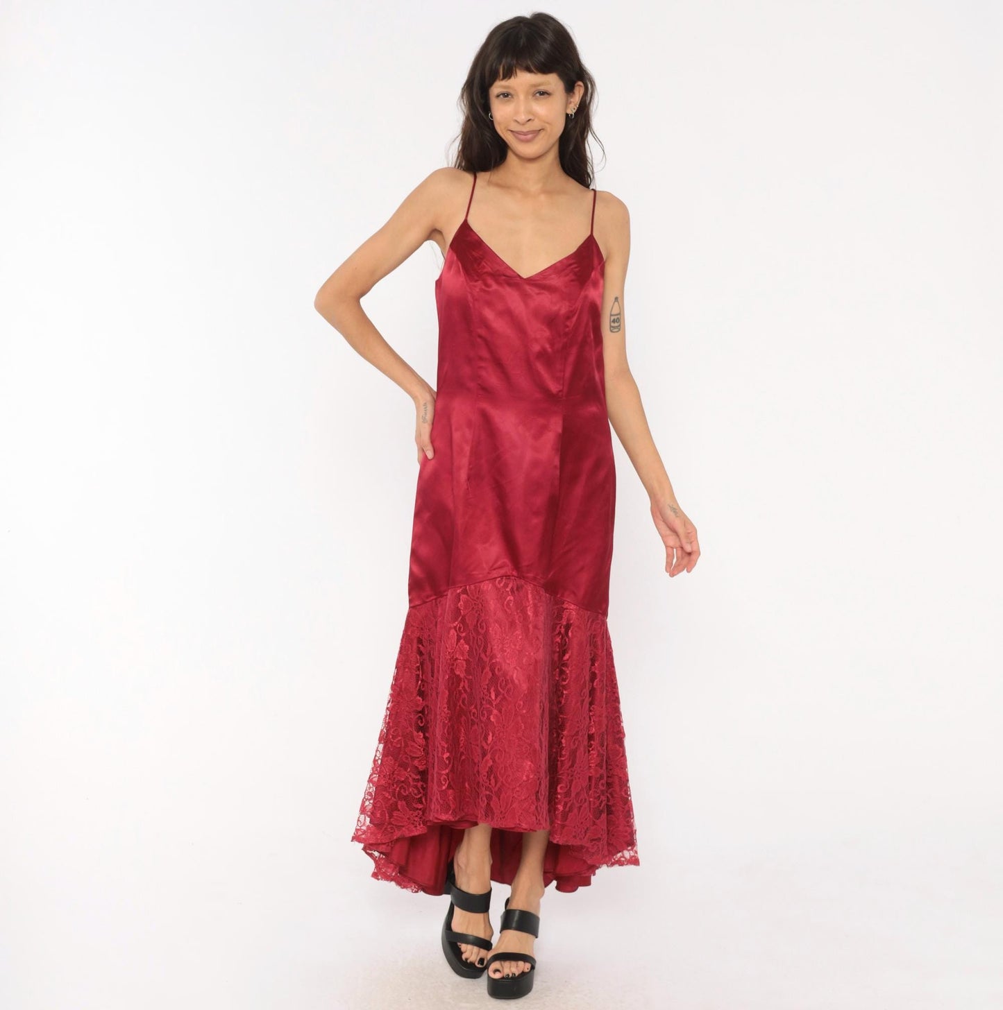 80s Burgundy Satin Slip Dress Mermaid Lace Hem V Neck Low Back Large L