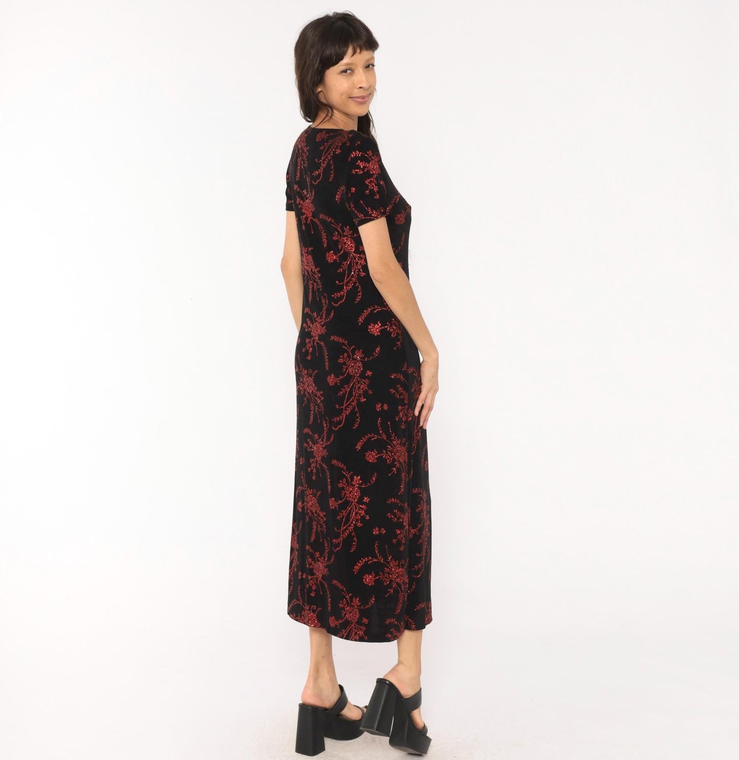 90s Black Maxi Dress Red Glitter Floral Print Short Sleeve Scoop Neck Medium Large