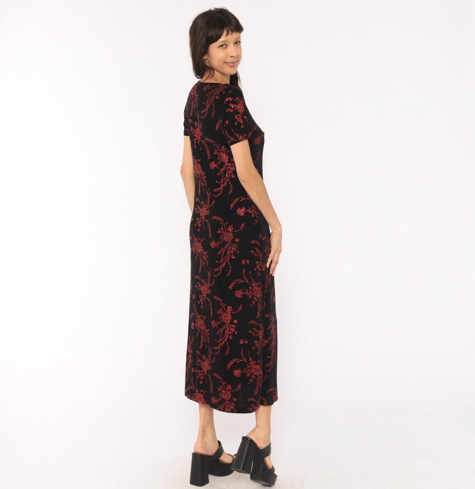 90s Black Maxi Dress Red Glitter Floral Print Short Sleeve Scoop Neck Medium Large