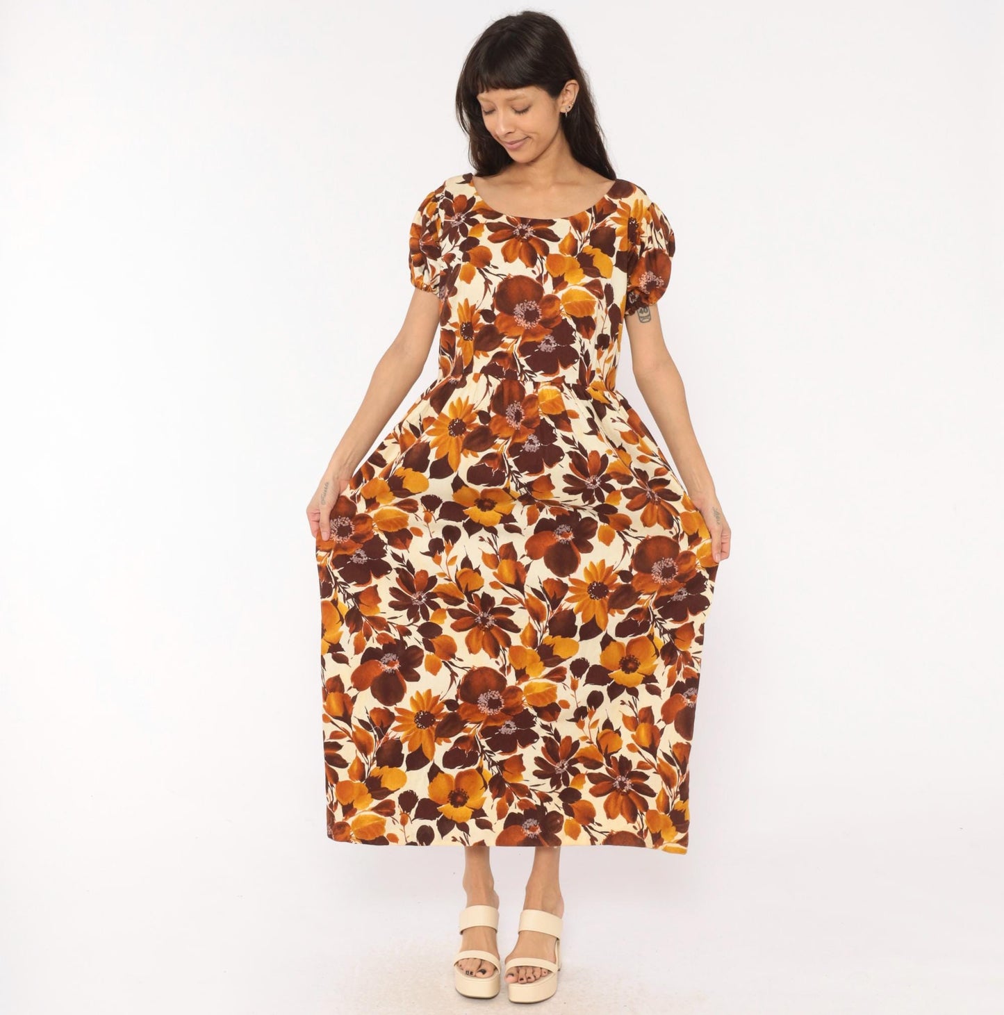 70s Floral Maxi Dress Brown Puff Sleeve Empire Waist Cotton Large L
