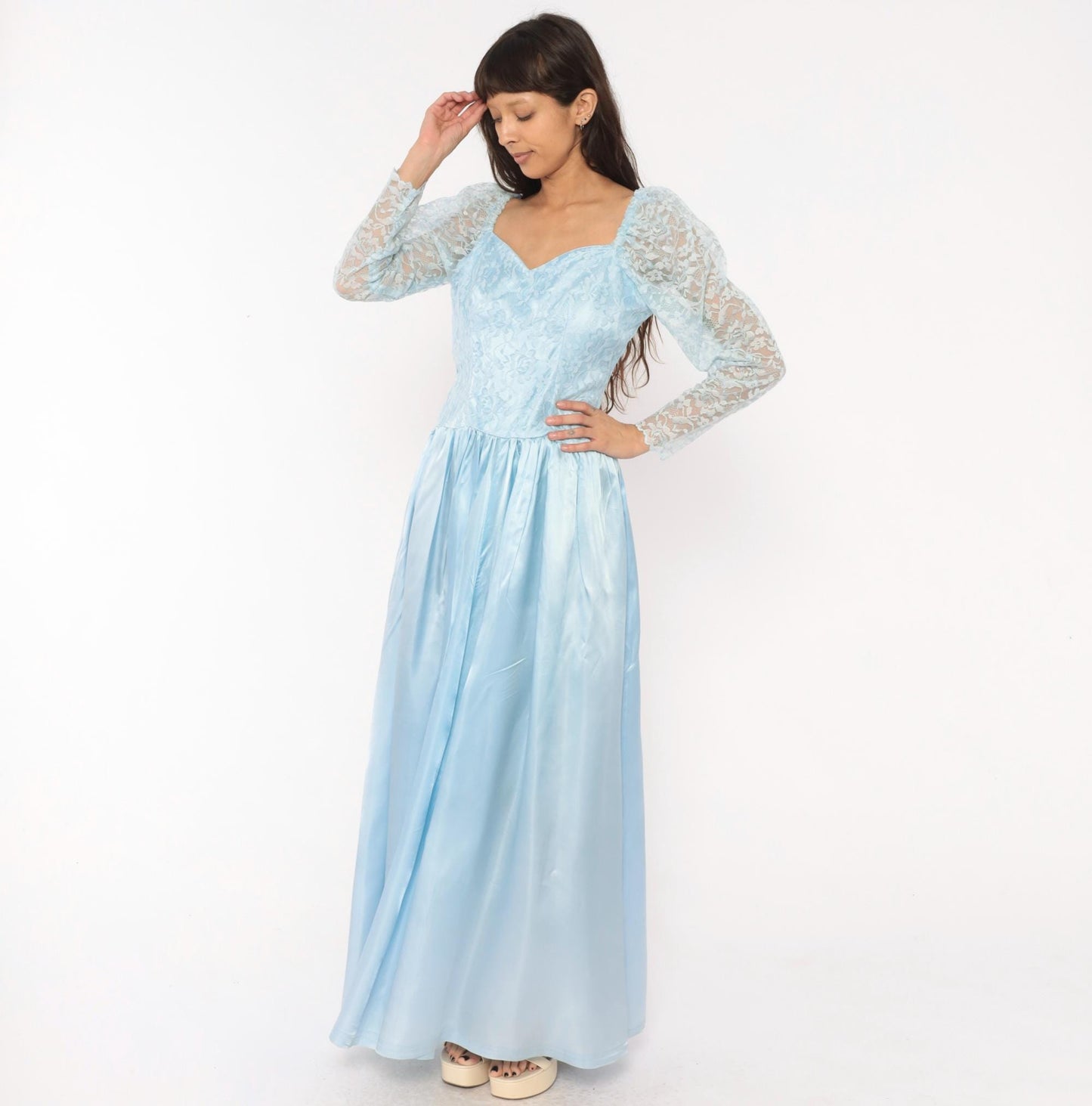 80s Sky Blue Lace Maxi Gown Sweetheart Neckline Drop Waist Bow Back Large L