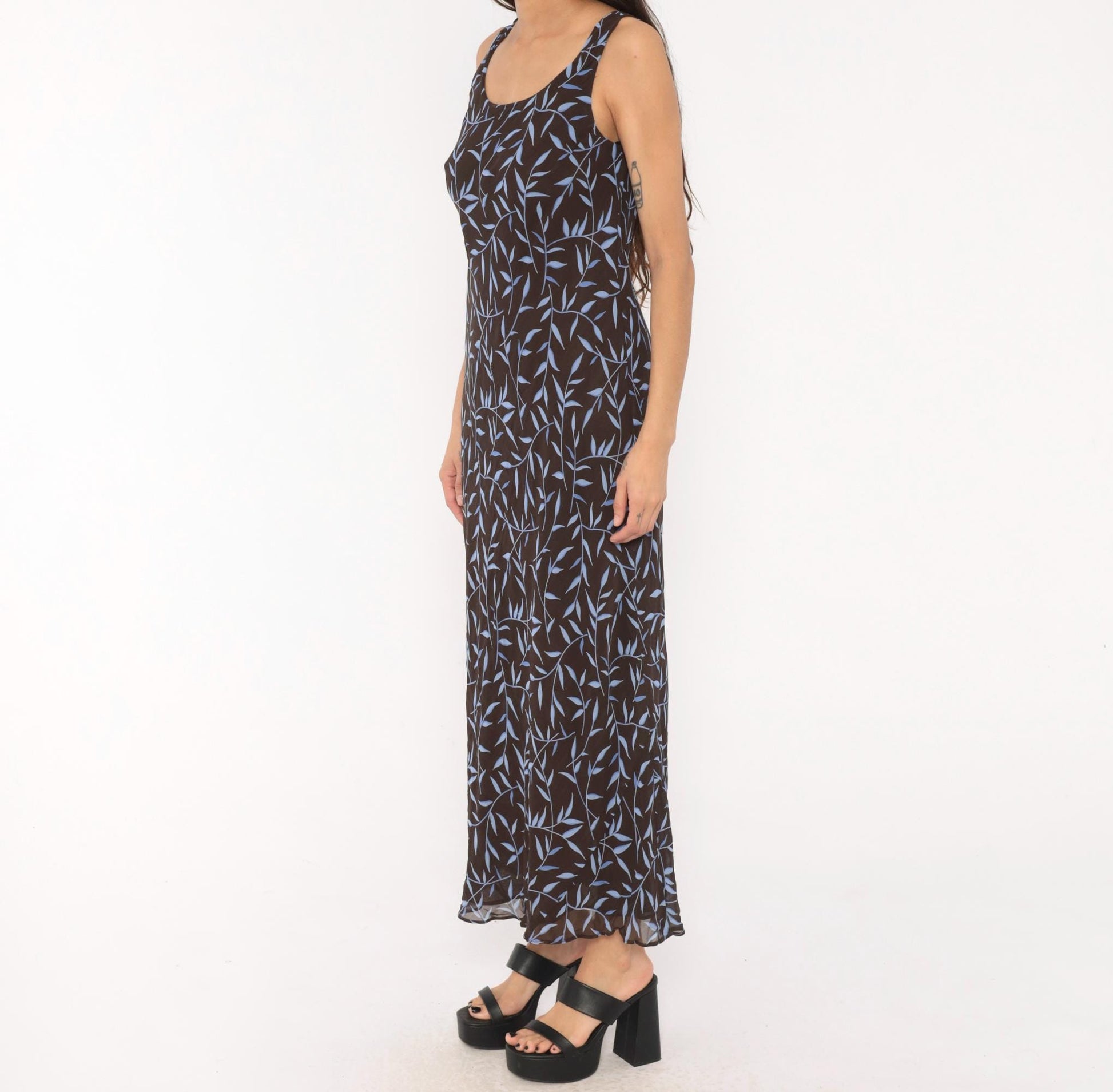 90s Carole Little Maxi Dress Brown Blue Leaf Print Scoop Neck Small S
