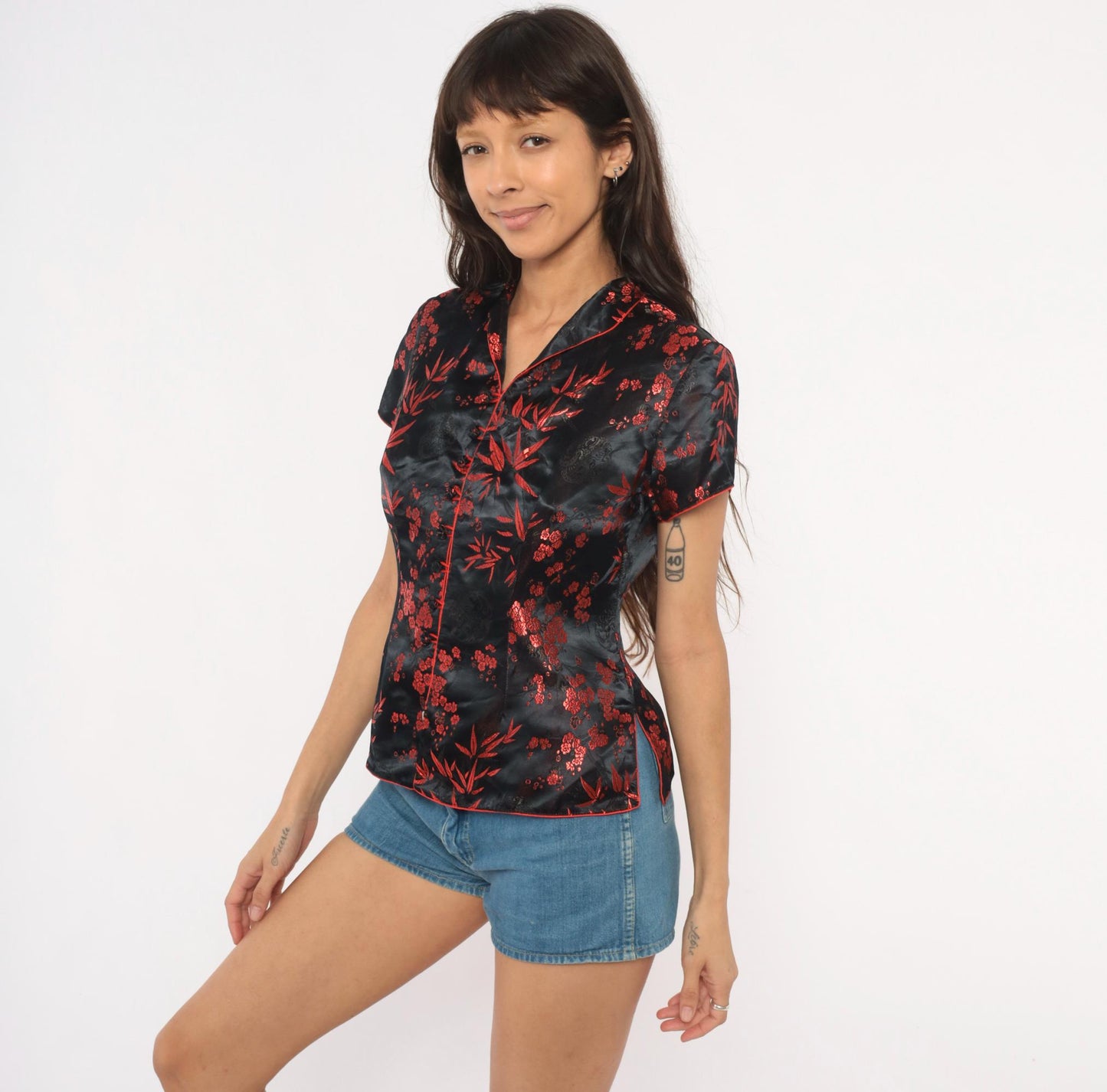 2000s Black Red Silk Cheongsam Top Mandarin Collar Brocade Medium M