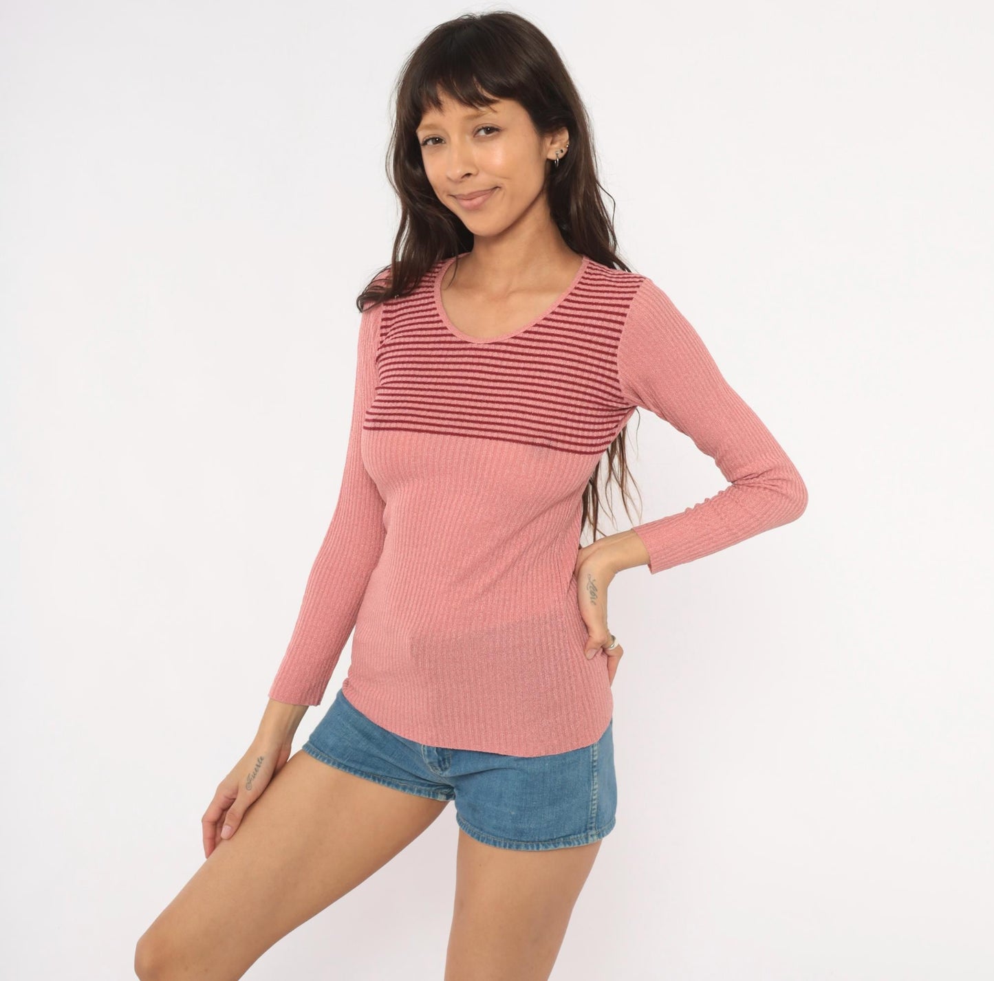 70s Marbella Knits Rose Pink Striped Ribbed Pullover Sweater Small