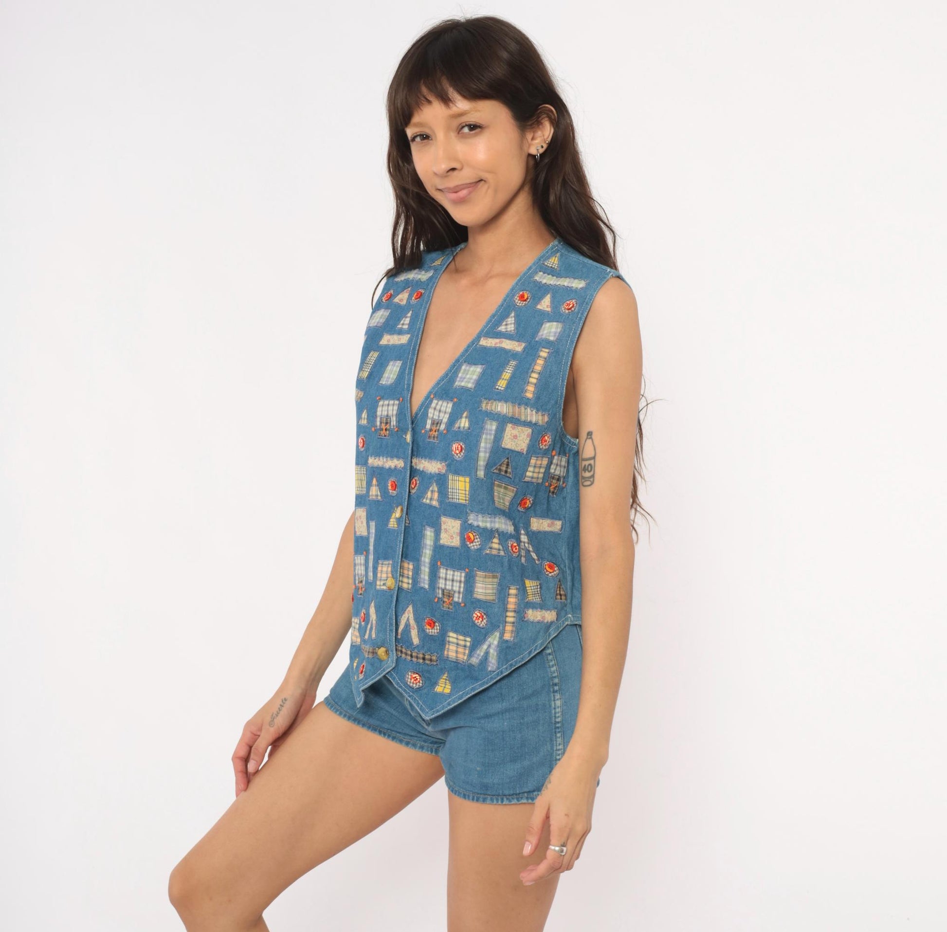 90s New Identity Patchwork Denim Vest Applique Plaid Floral Blue Extra Large XL