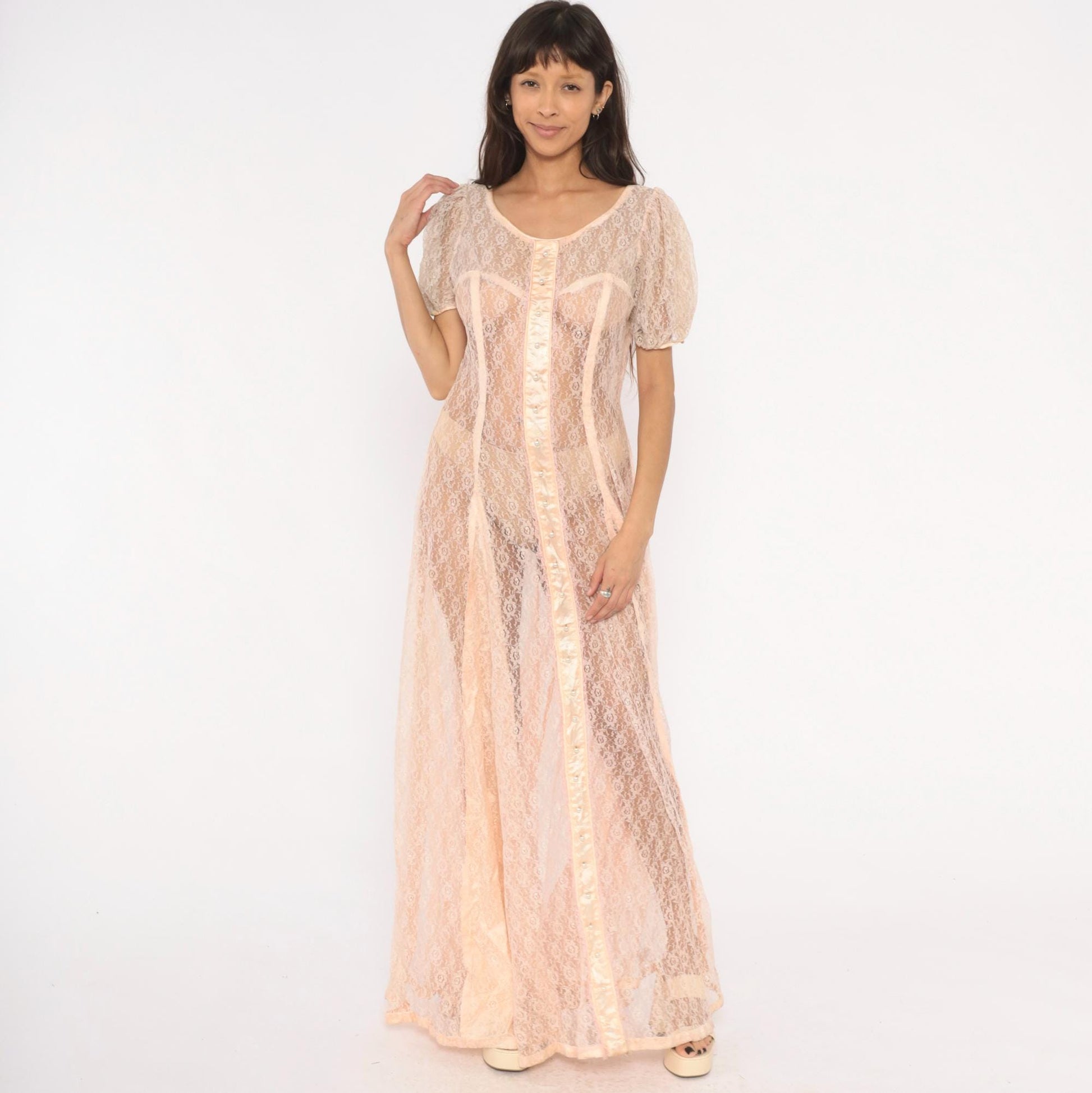 1950s Blush Pink Sheer Lace Maxi Gown Puff Sleeve Corset Bodice Large L