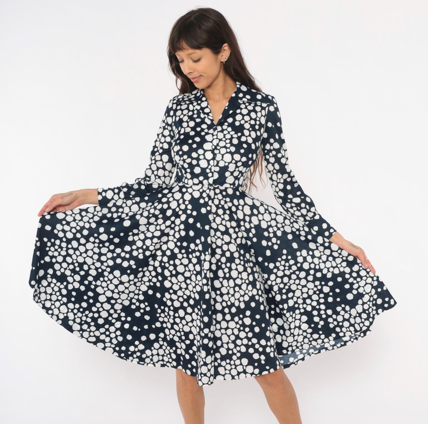 70s Gail Gray Navy Polka Dot Wrap Dress V Neck Button Front Knee Length Extra Small XS