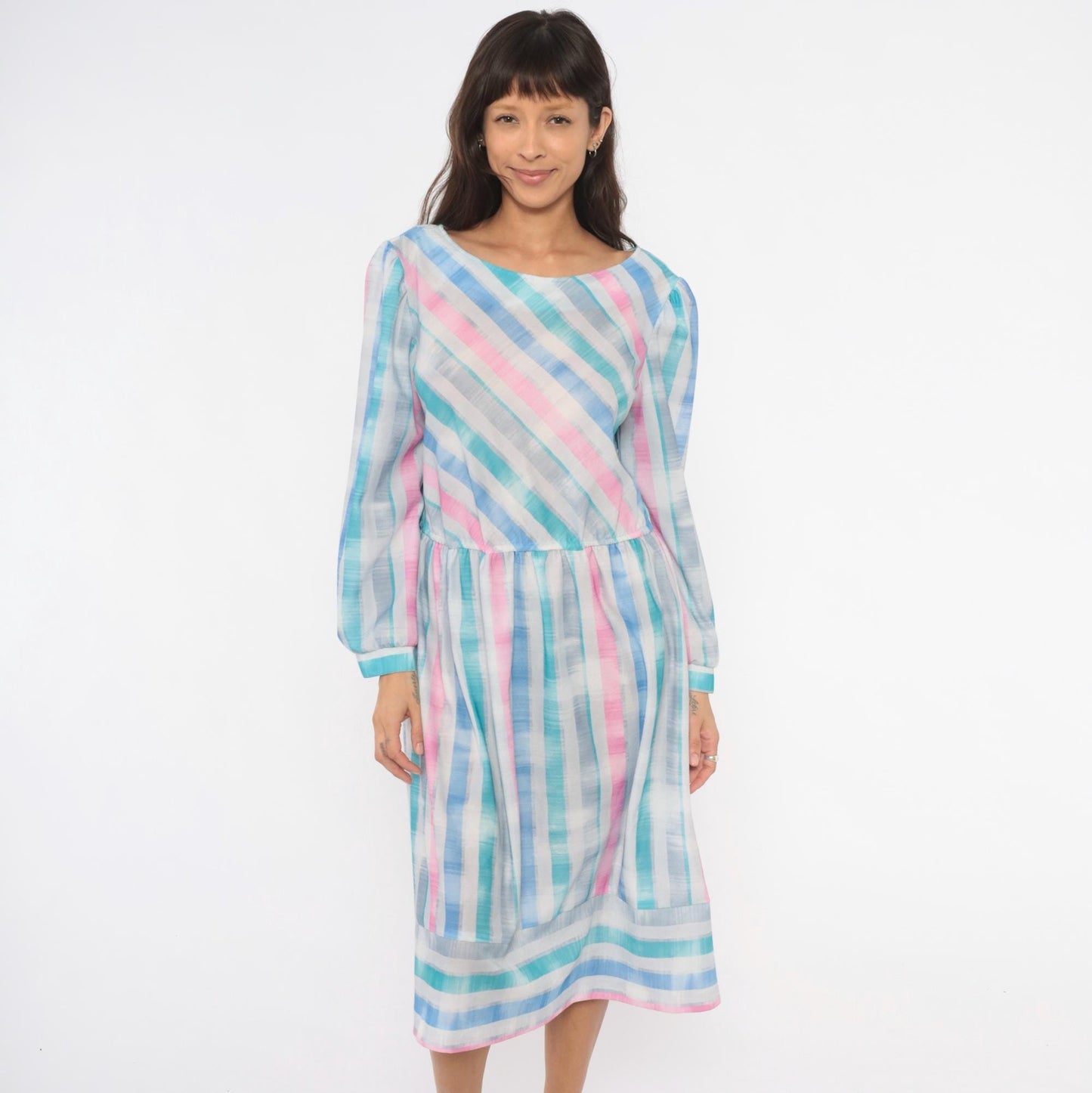 80s Pastel Stripe Diagonal Drop Waist Dress Pink Teal Bishop Sleeve Large L