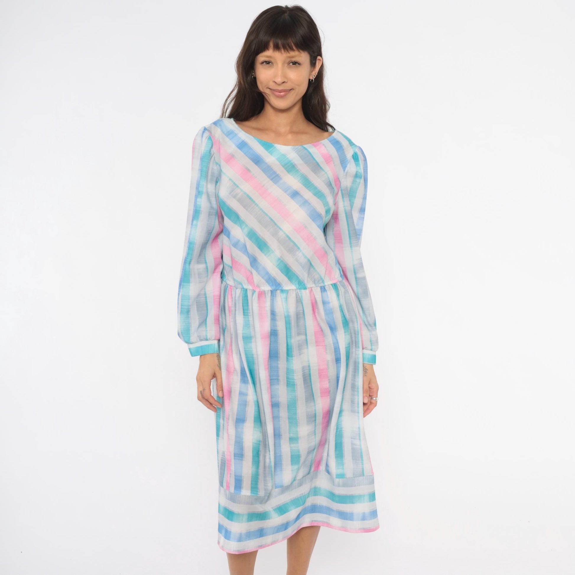80s Pastel Stripe Diagonal Drop Waist Dress Pink Teal Bishop Sleeve Large L