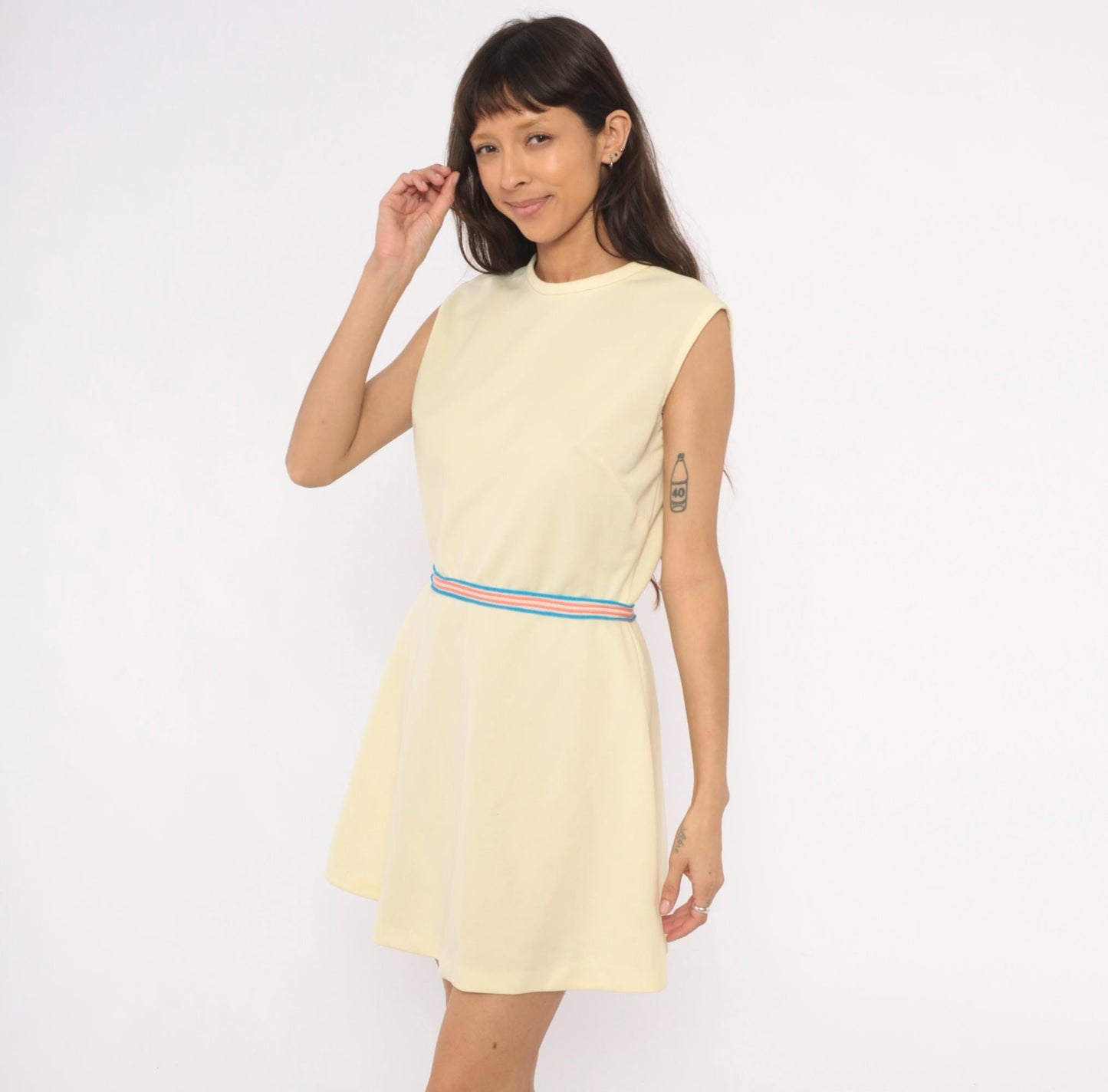 70s Cream Sleeveless Mini Dress Striped Waistband Tennis Style Shift Large L