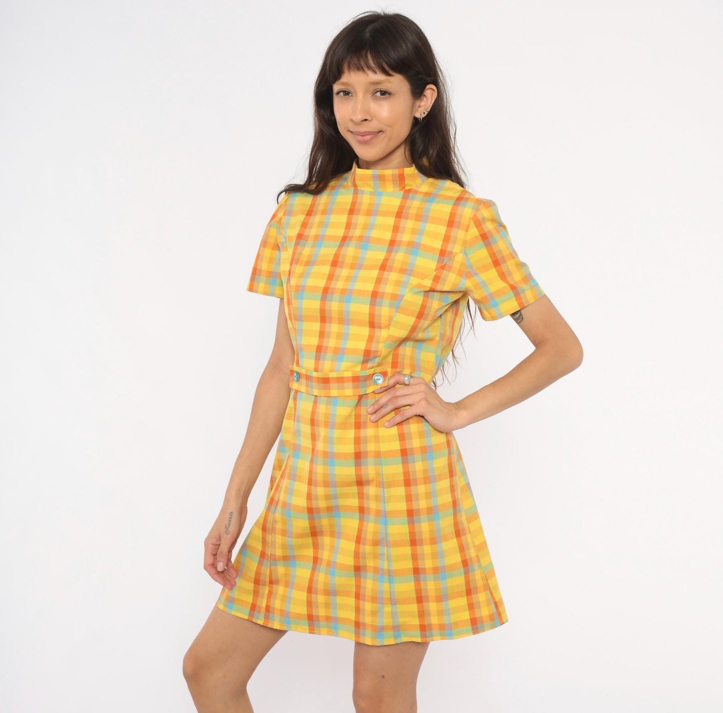 60s Plaid Mini Dress Yellow Orange Blue Check Mock Neck Cotton Small