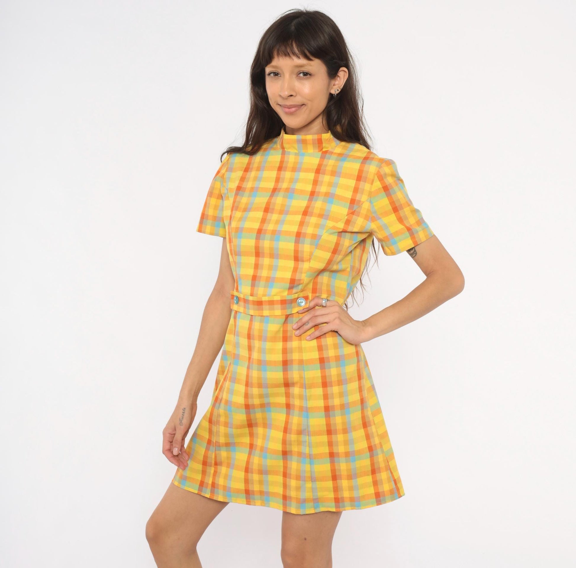 60s Plaid Mini Dress Yellow Orange Blue Check Mock Neck Cotton Small