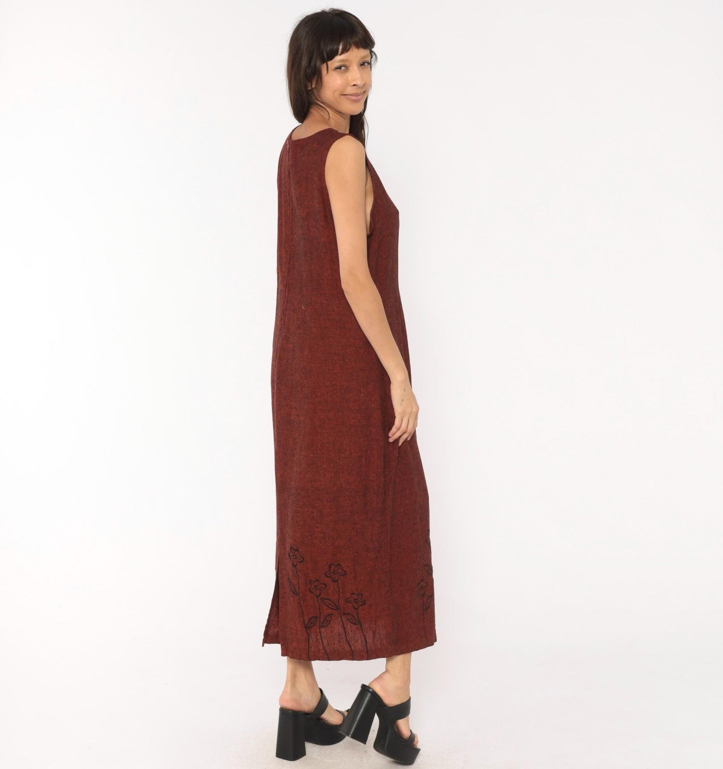 90s Country Wear Casuals Burgundy Linen Maxi Dress Floral Embroidery Large Petite