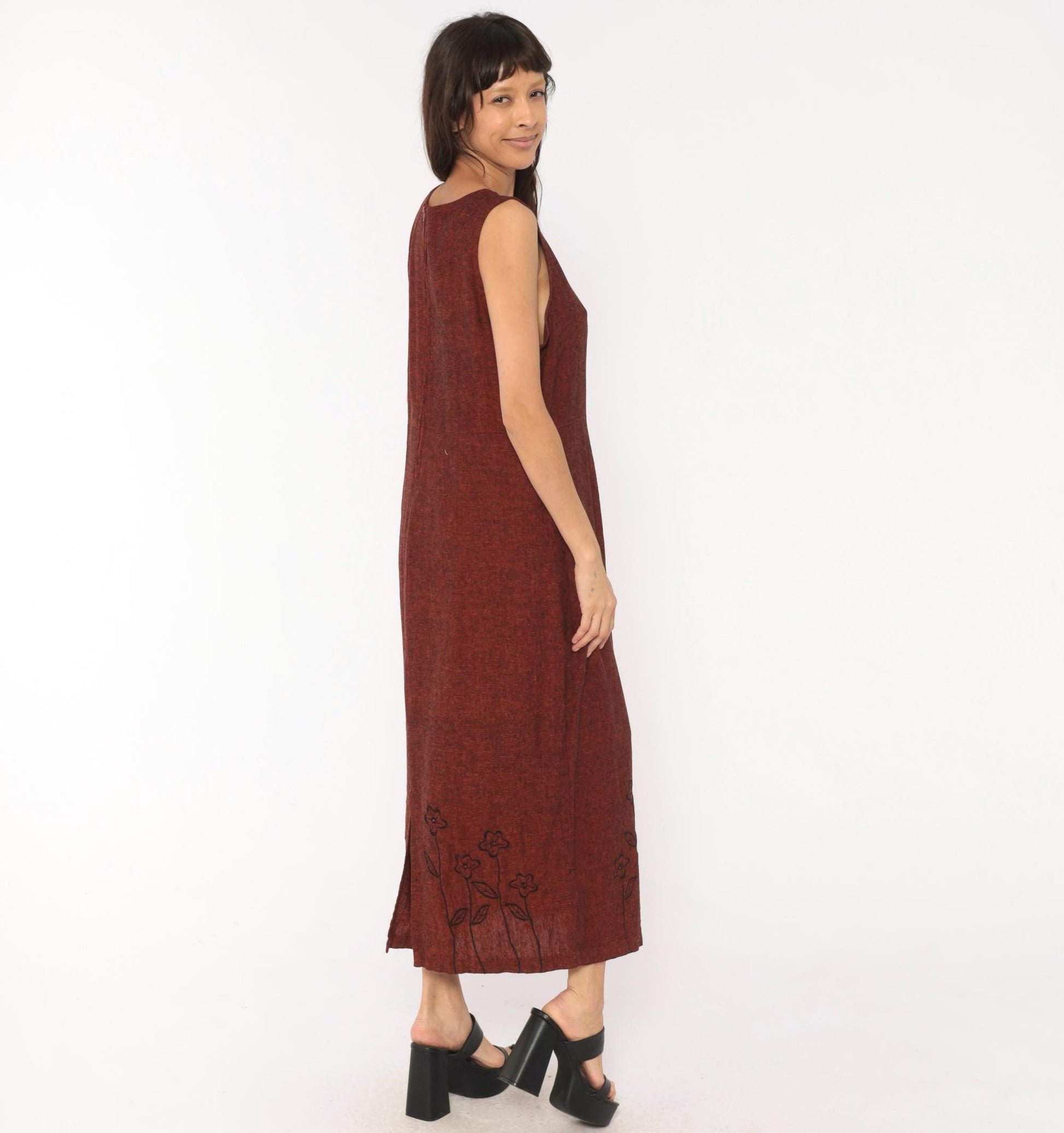90s Country Wear Casuals Burgundy Linen Maxi Dress Floral Embroidery Large Petite
