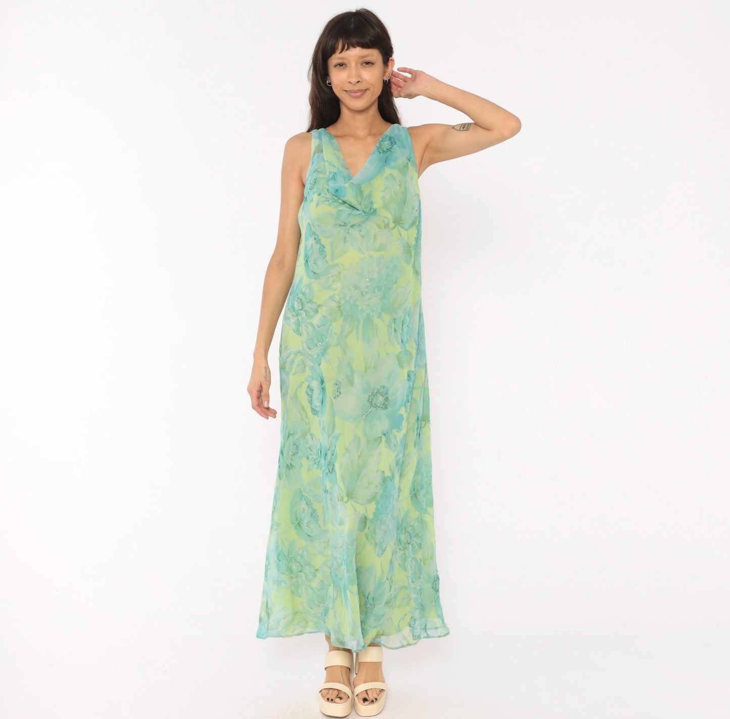 90s Plaza South Floral Chiffon Maxi Dress Aqua Lime Sequin V-Neck Extra Large XXL