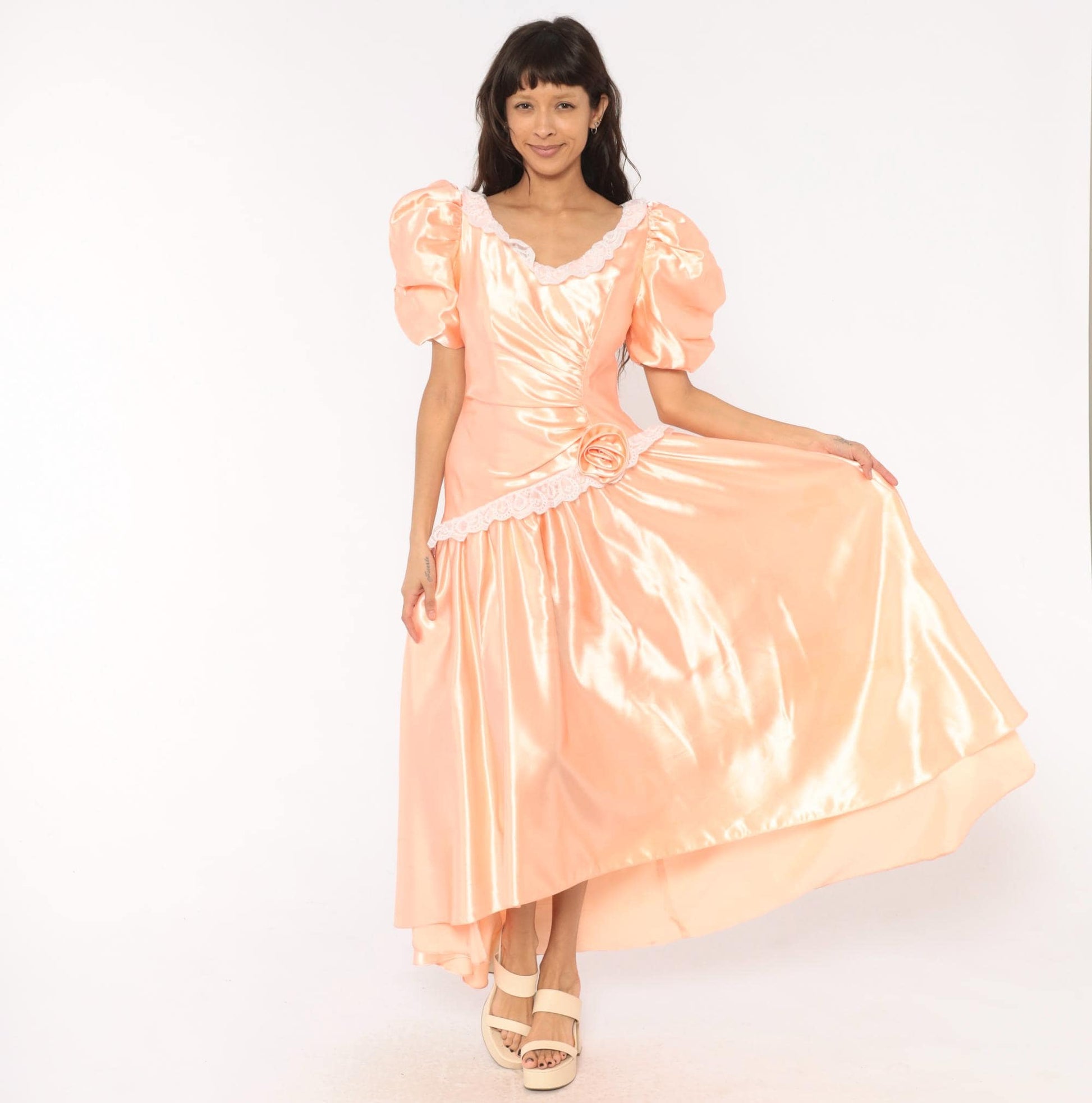 80s Peach Satin Prom Gown Puff Sleeve V Neck Drop Waist Rosette Medium