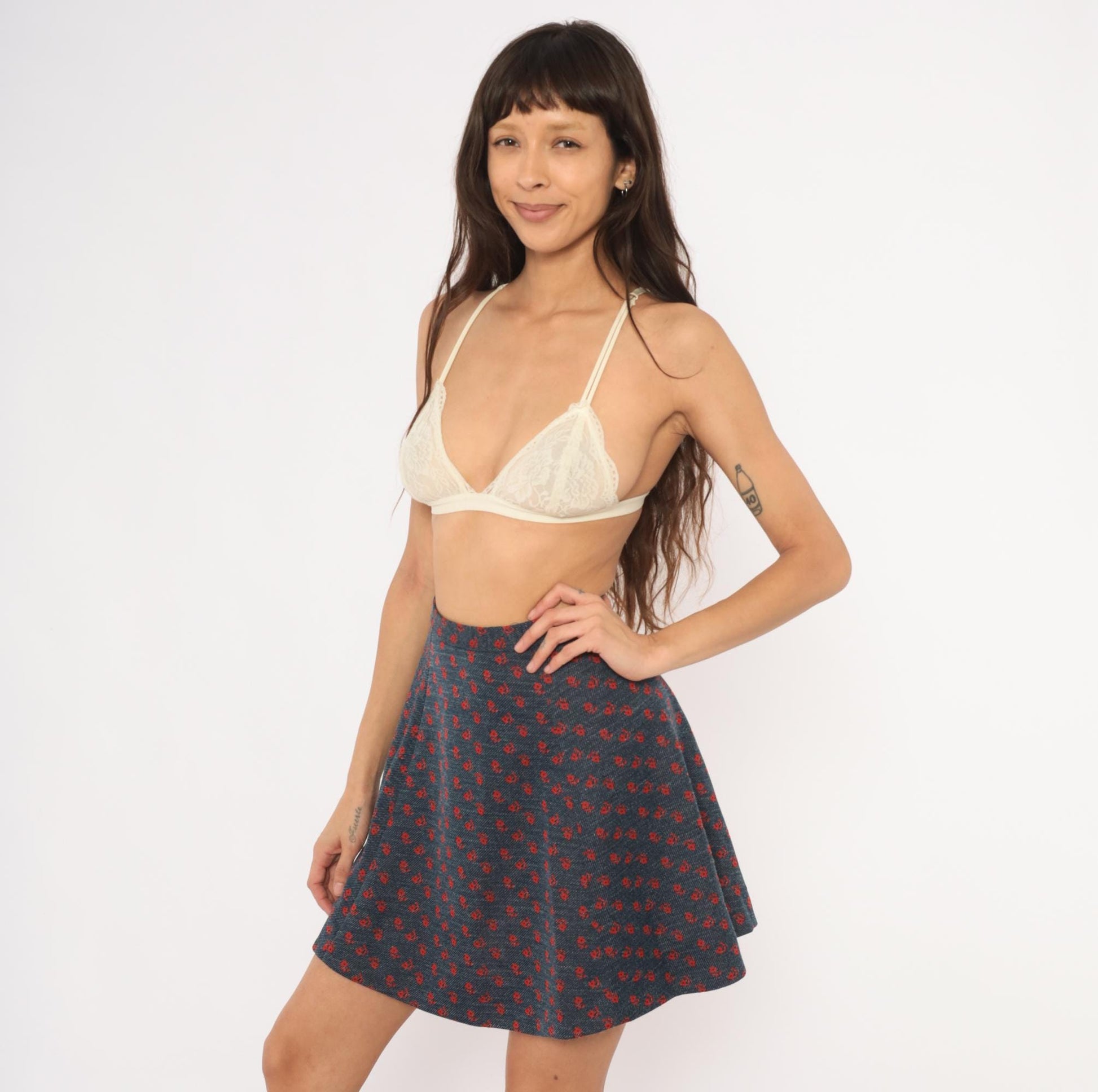 70s Navy Floral Mini Skirt High Waist Circle Flare Red Daisy Print XS