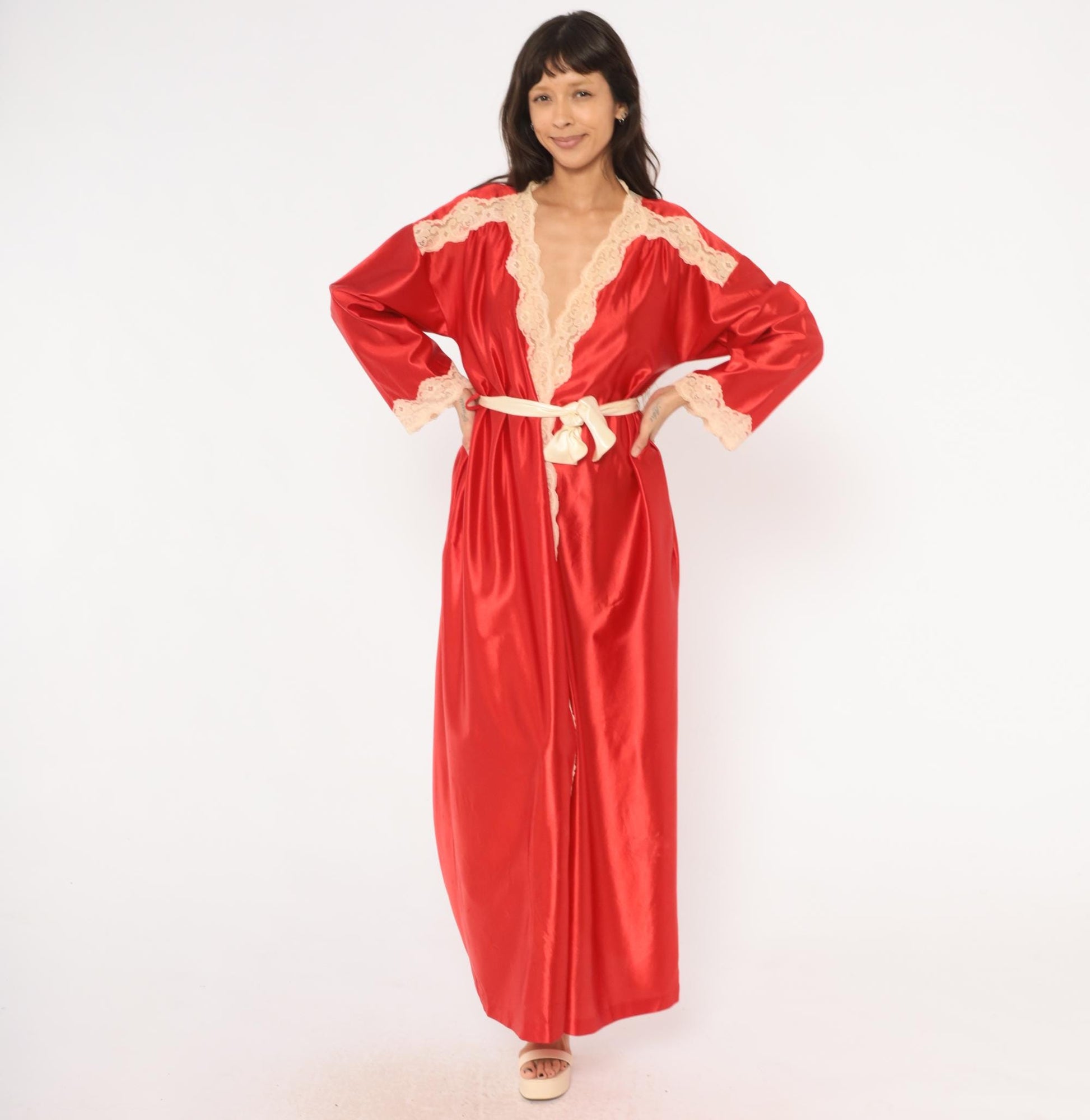 70s Tom Bezduda Barad Red Satin Robe Lace Trim Maxi Tie Front Medium