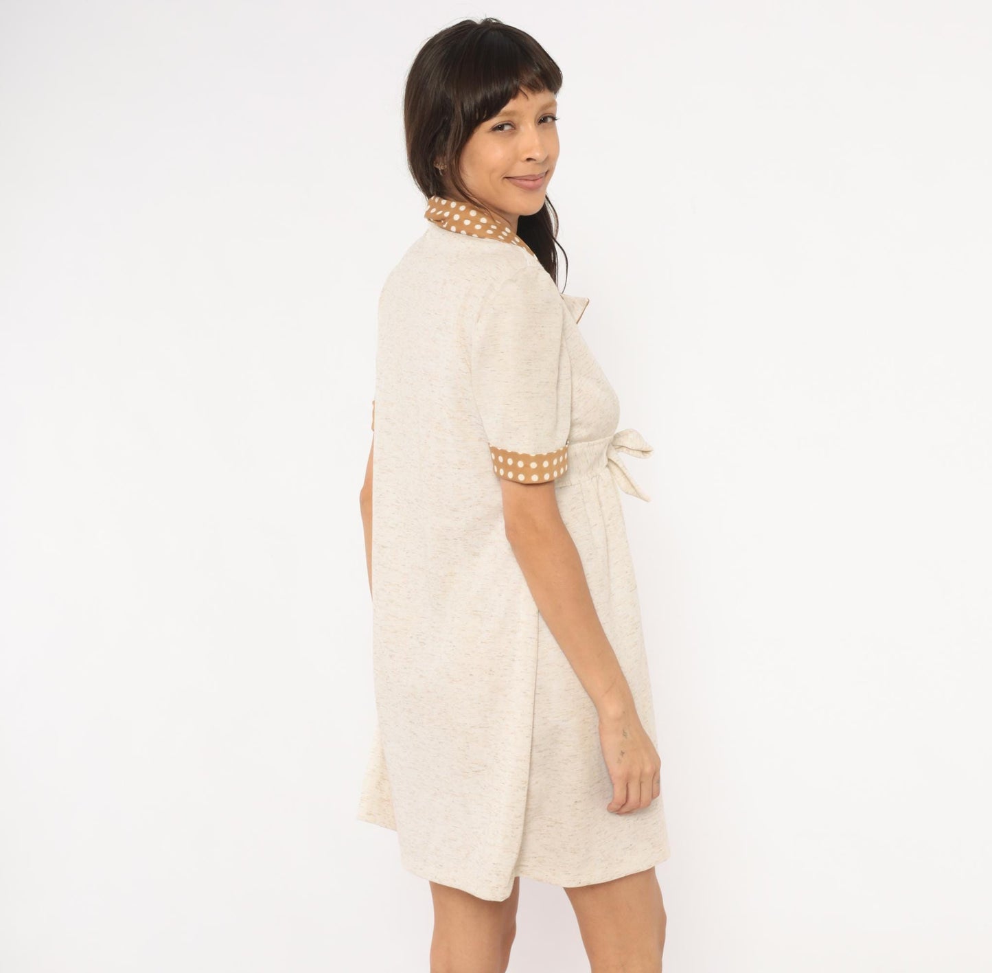 70s Cream Polka Dot Collar Shirtdress Puff Sleeve Tie Waist Knee-Length Medium M