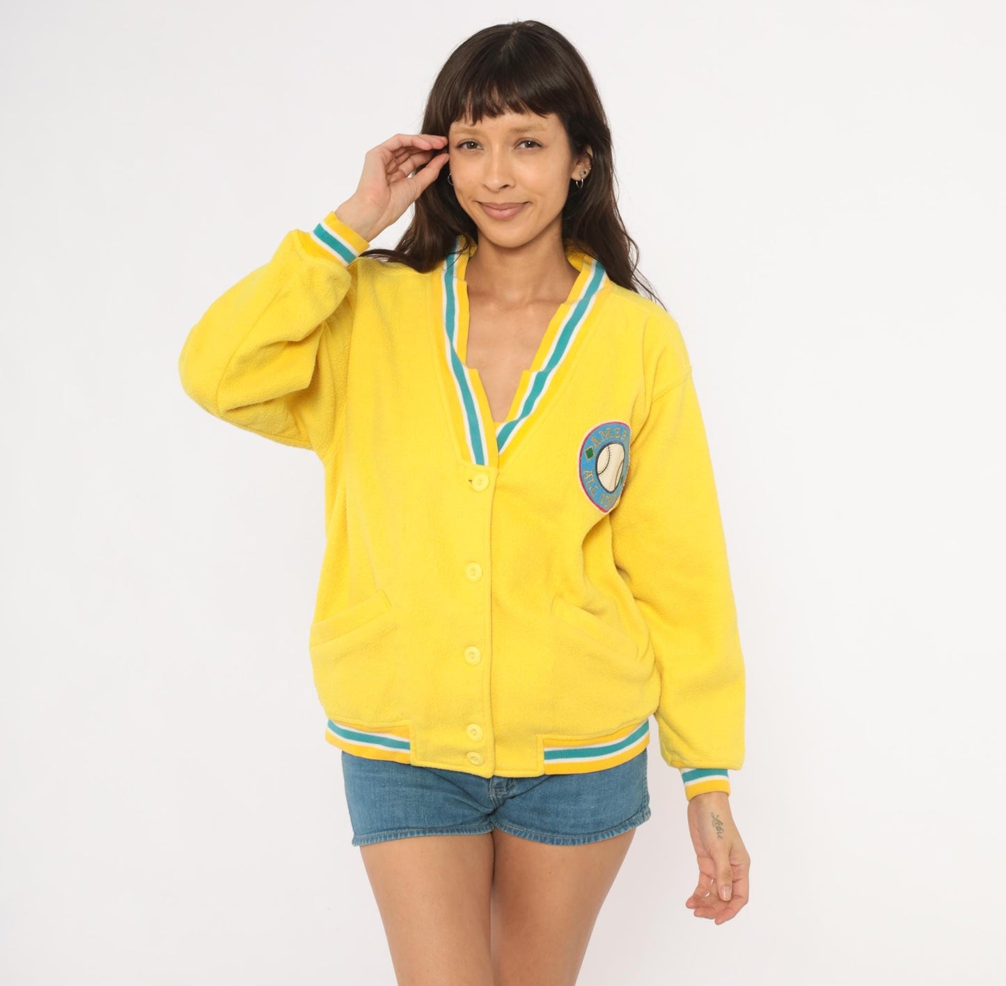 90s Energie Yellow Varsity Cardigan Baseball Patch Teal Striped Small S