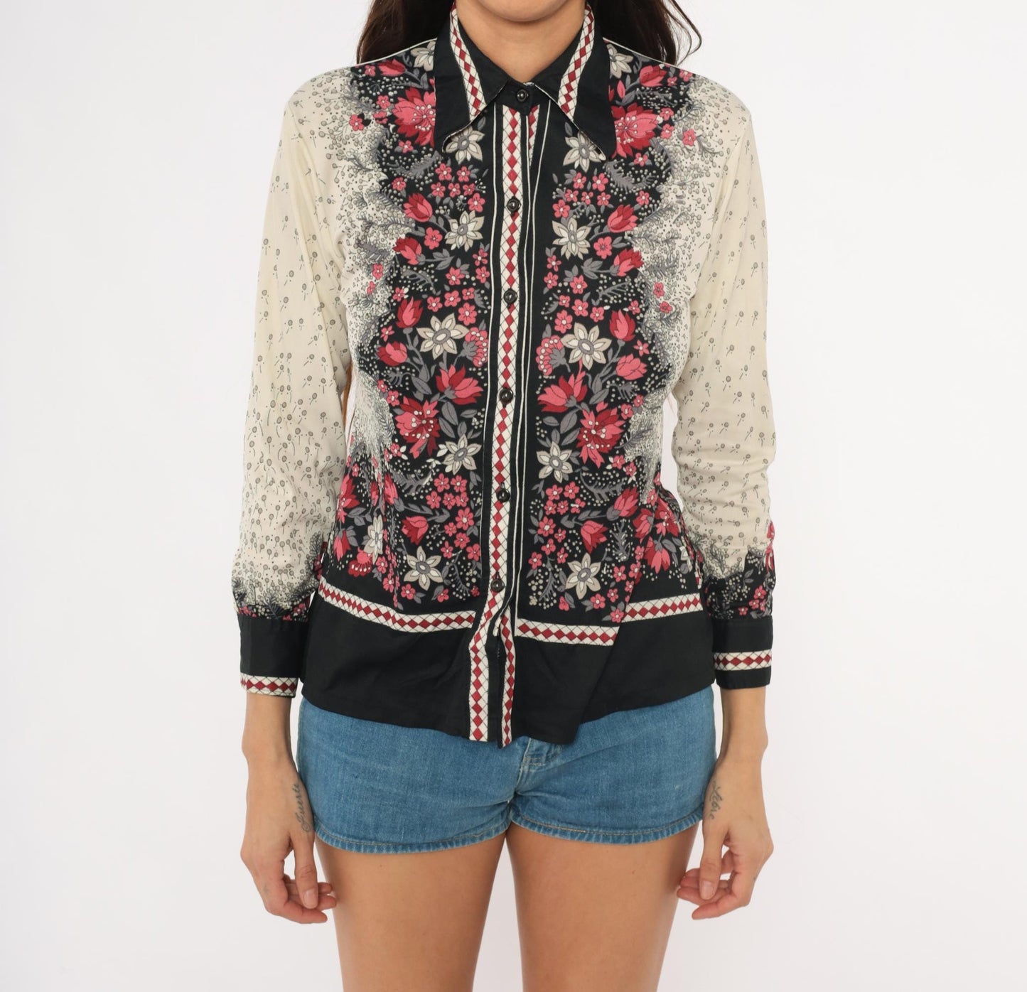 70s Floral Nylon Button-Front Blouse Black Red Cream Pointed Collar Small